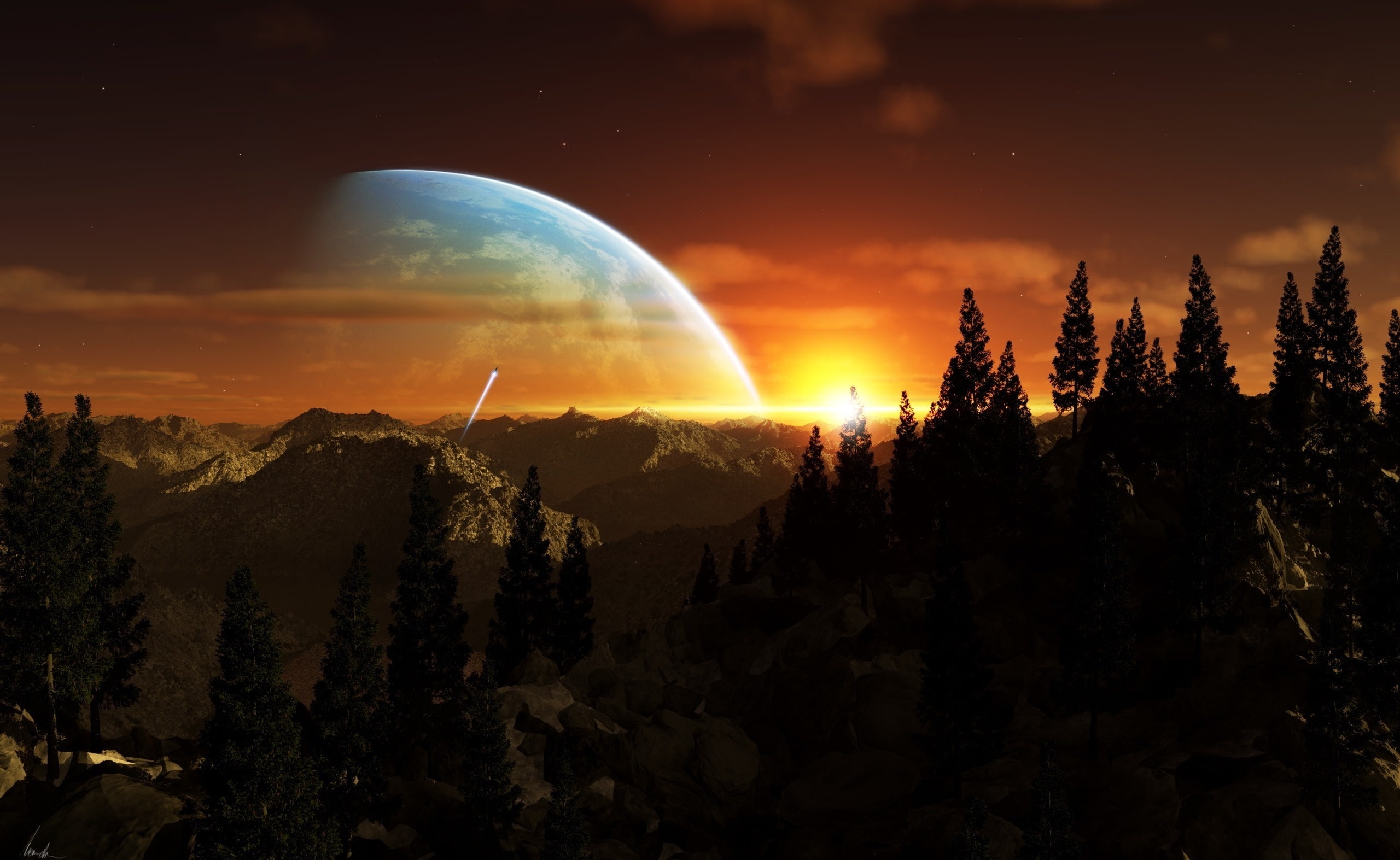 nature, mountain, sunset, astronomy, environment, night, Fantasy, scenics - nature, sky, Alien, cloud - sky, no people, plant, tranquil scene, Planet, silhouette, HD Wallpaper