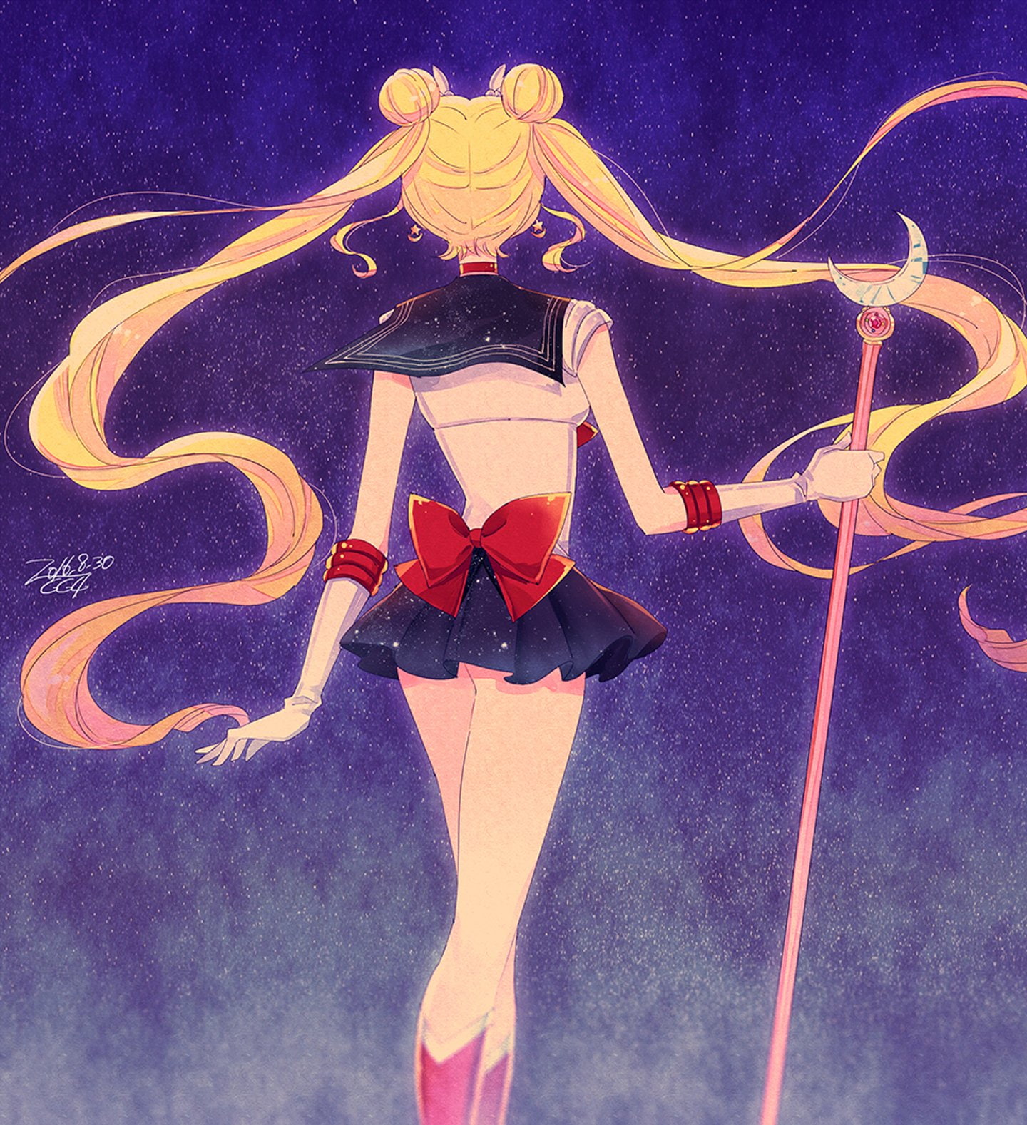 shoujo, anime, gloves, girl, sailor, 720P, choker, tail, odango, jewelry, moon, hairpins, mahou, staff, stars, hair, boots, original, long, twin, blonde, Phone HD Wallpaper