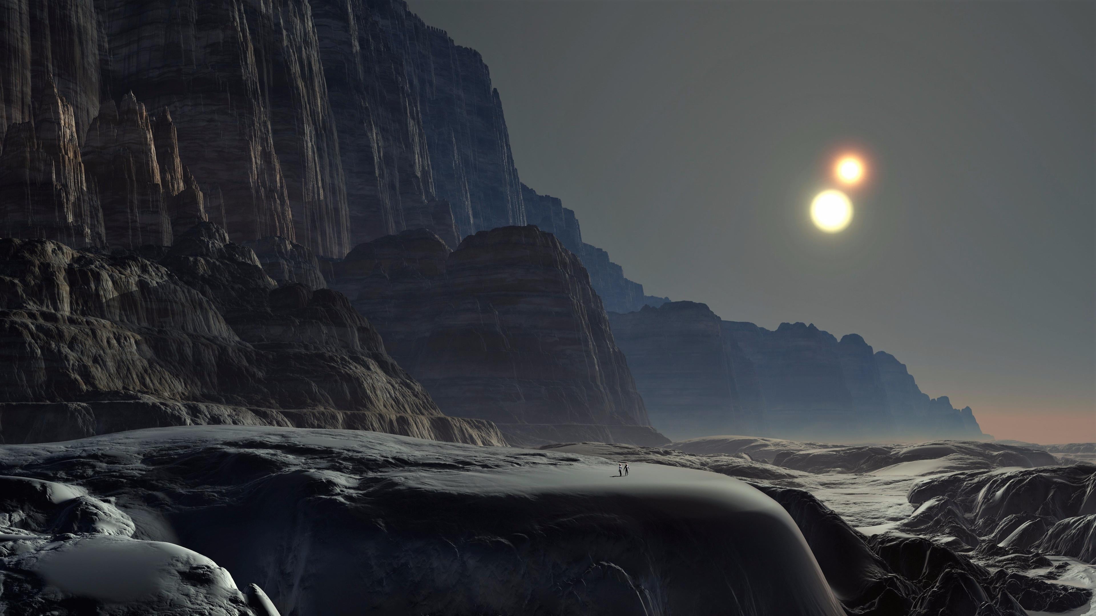 alien world, tranquility, rock - object, cliff, solid, artwork, sky, sun, rock formation, illusion, idyllic, environment, outdoors, fantasy art, mountain, HD Wallpaper
