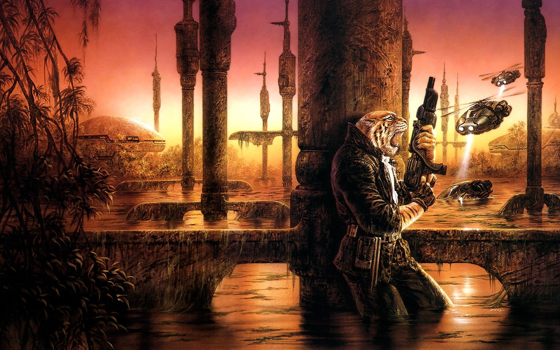weapons, luis royo, colors, tiger, 1080P, alien world, guns, royo, futuristic, fantasy, battles, sci fi, buildings, architecture, HD Wallpaper