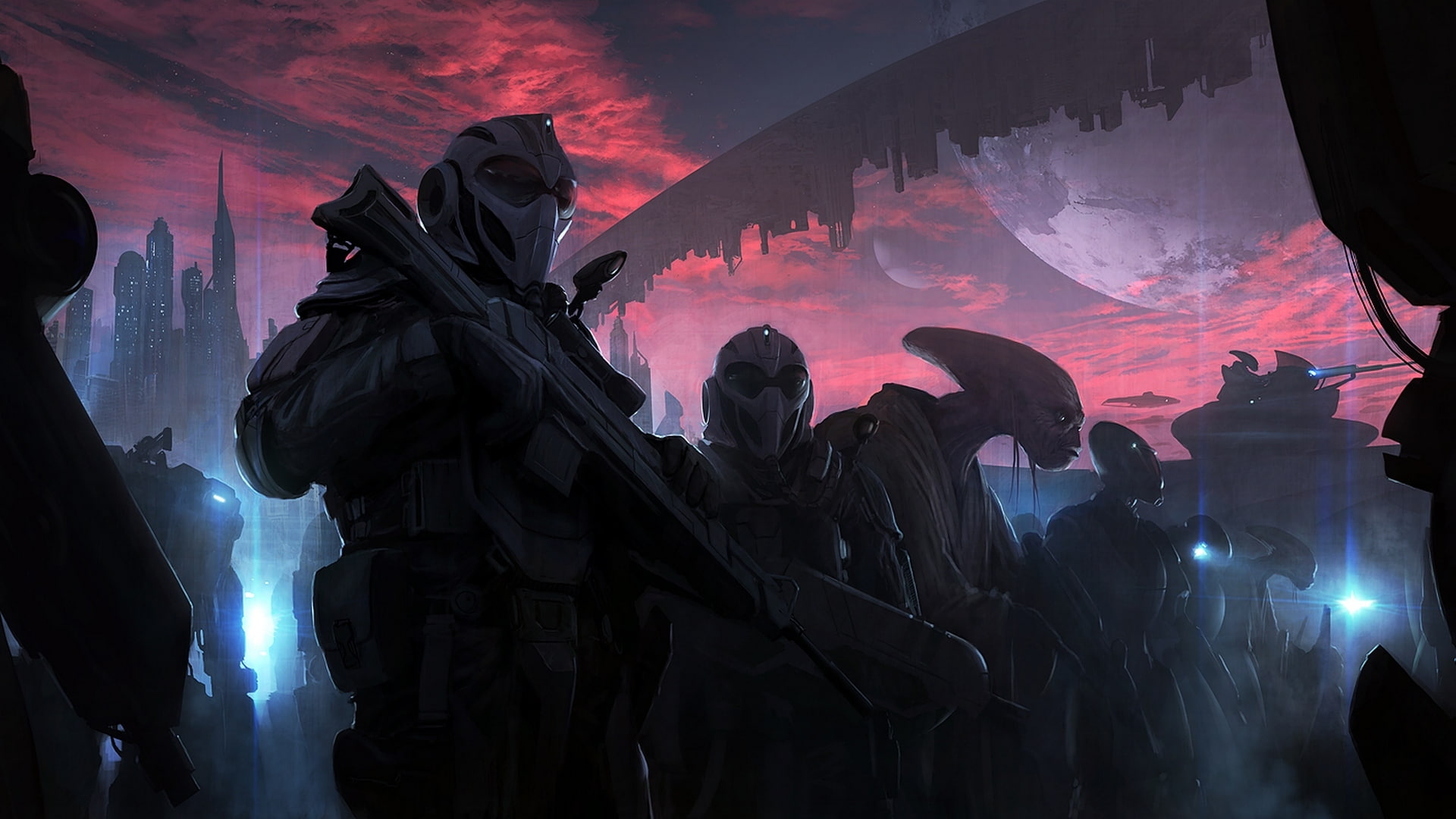 conflict, the city, another world, aliens, fiction, crowd, landing, clouds, violence, low angle view, fighting, government, Mobilize, people, sunset, sci-fi, HD Wallpaper