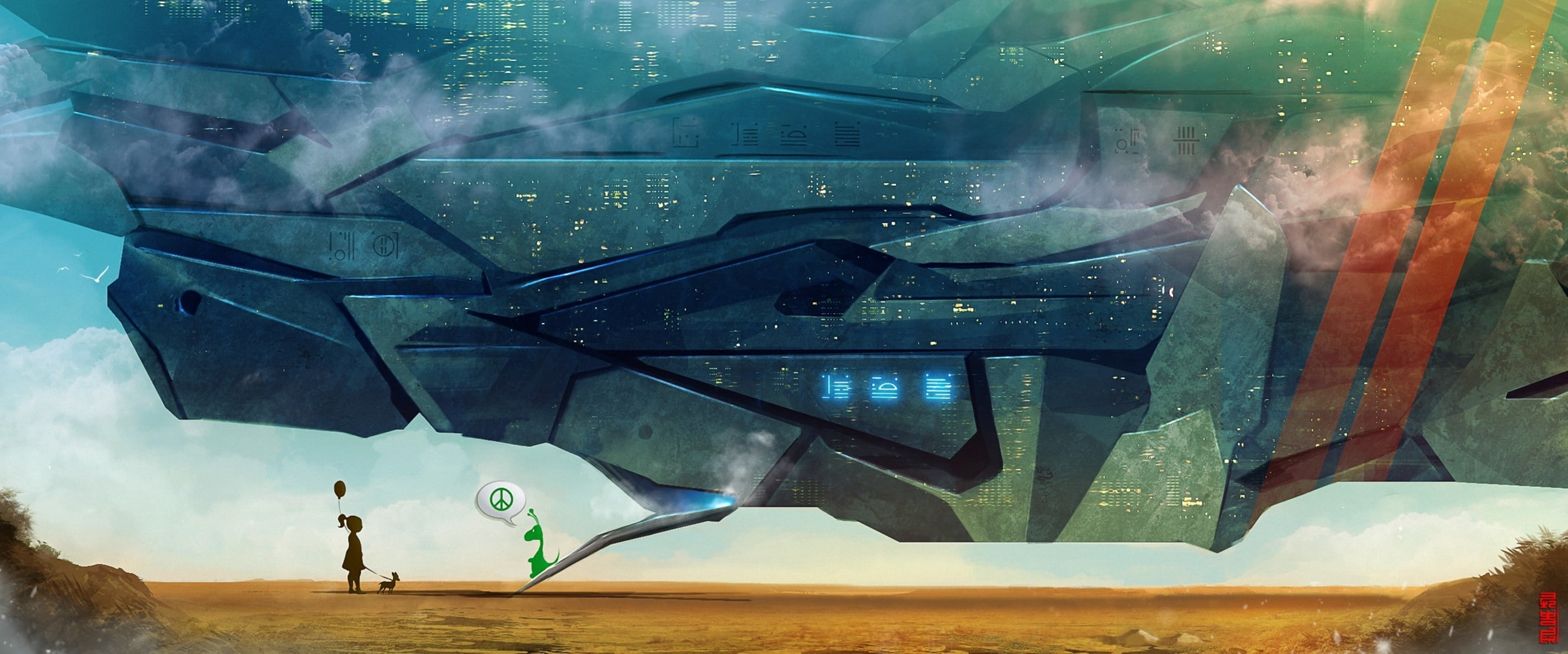 ship, girl, dog, 2K, art, the world, meeting, alien, ball, symbol, HD Wallpaper