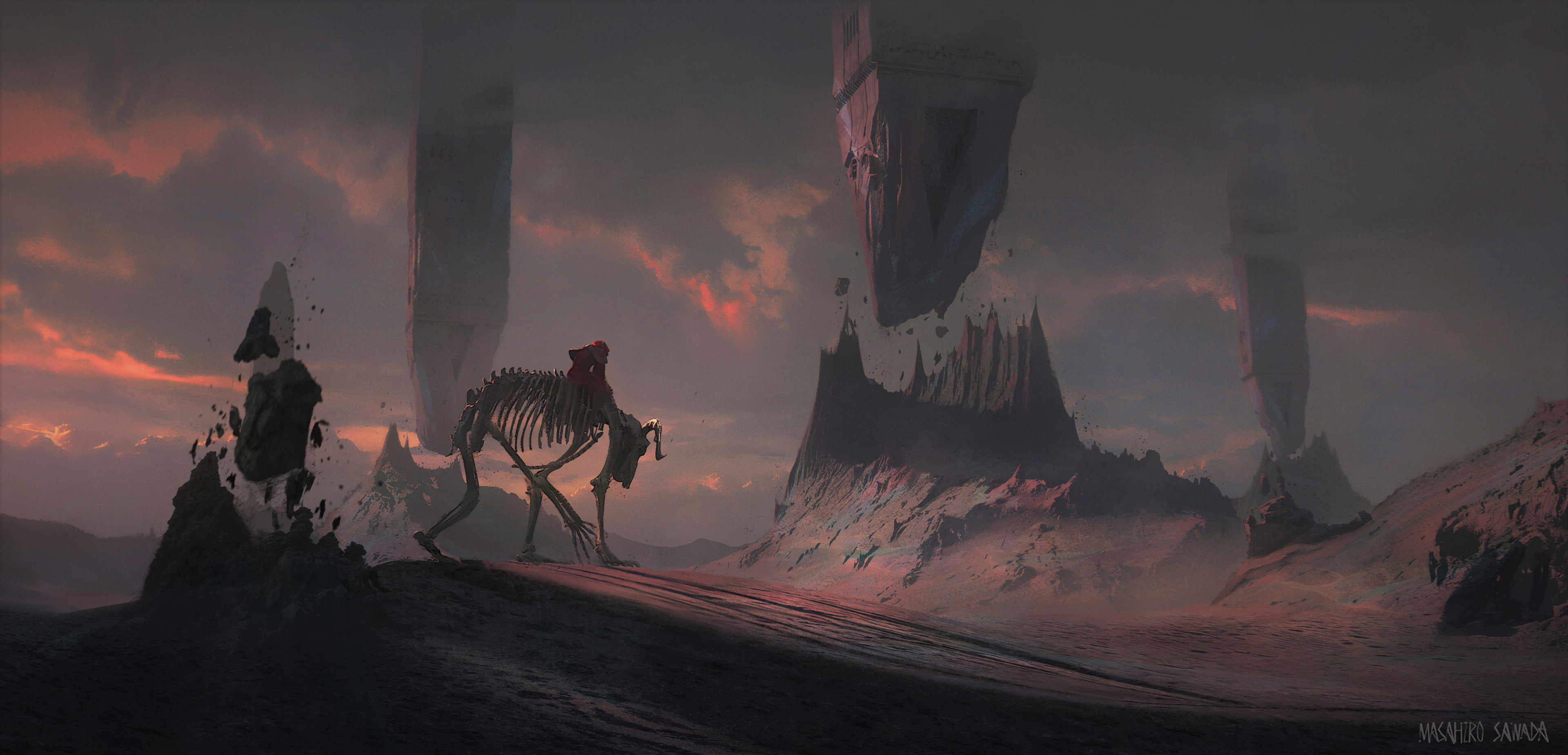 fantasy art, skeleton, alien world, 4K, mountains, Thu Berchs, HD Wallpaper