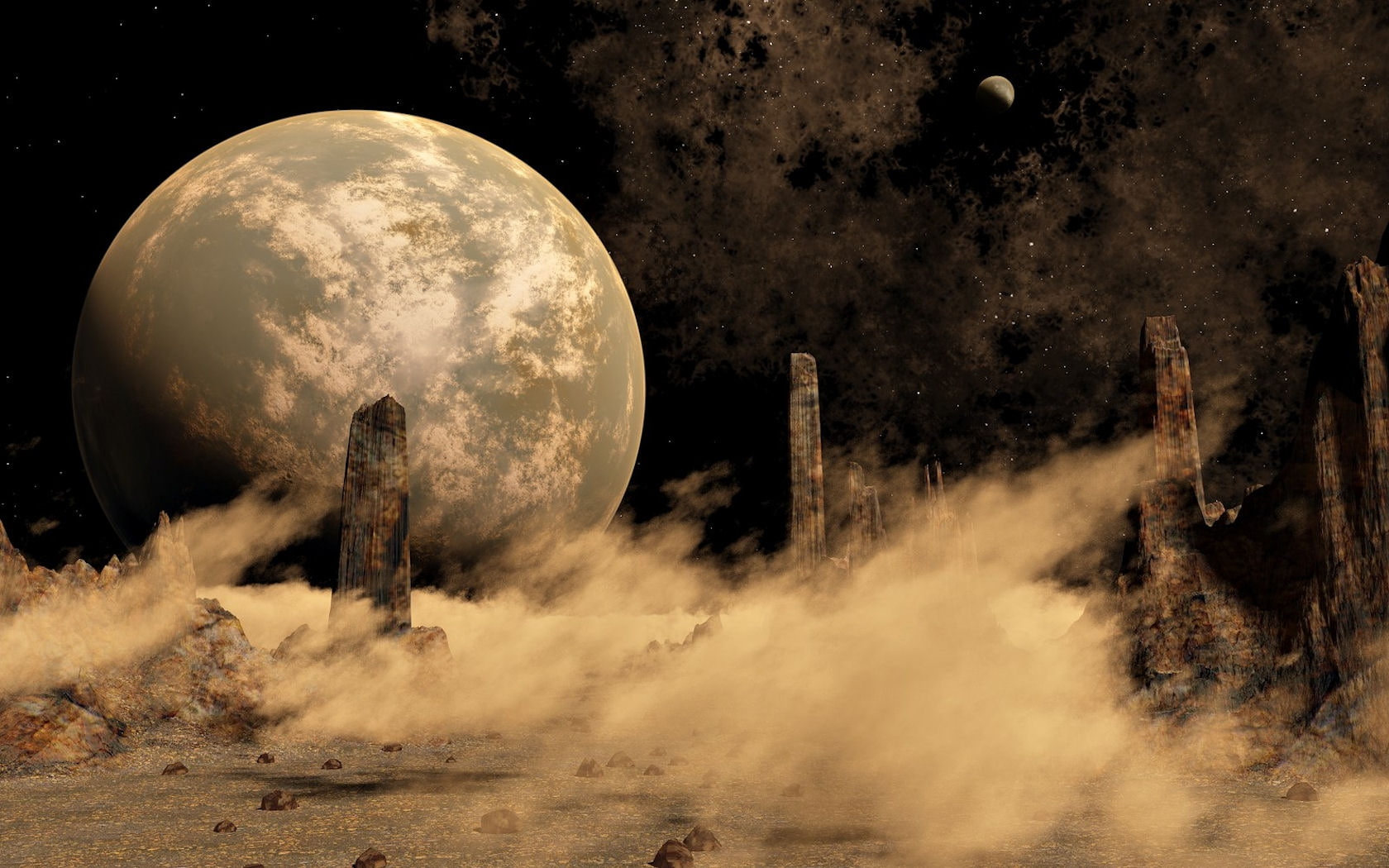 Clouds, hd, planet, alien, world, rock formations, planets, 720P, stars, art, space, HD Wallpaper
