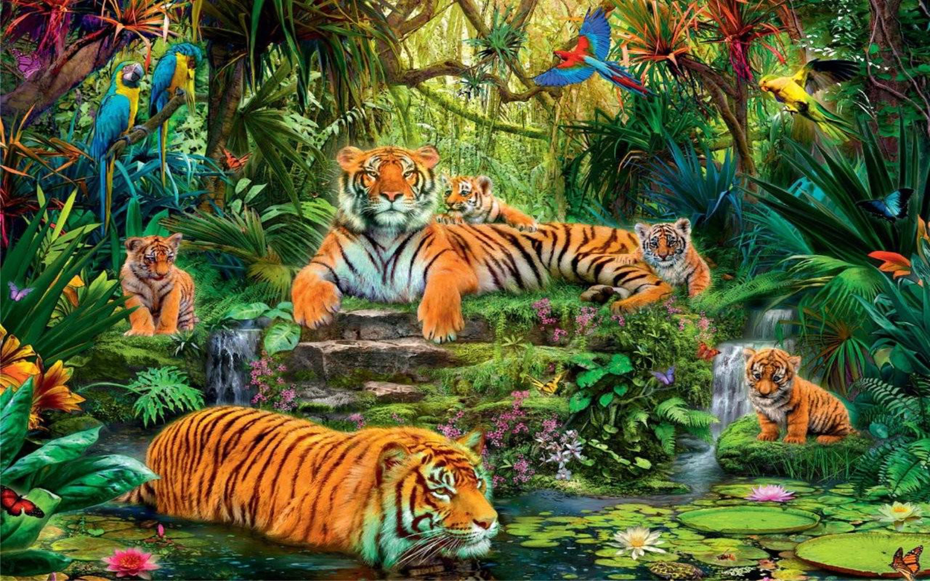 no people, tiger, outdoors, hd, cat, birds, animal themes, vertebrate, mammal, day, group of animals, feline, animals in the wild, water, undomesticated cat, HD Wallpaper