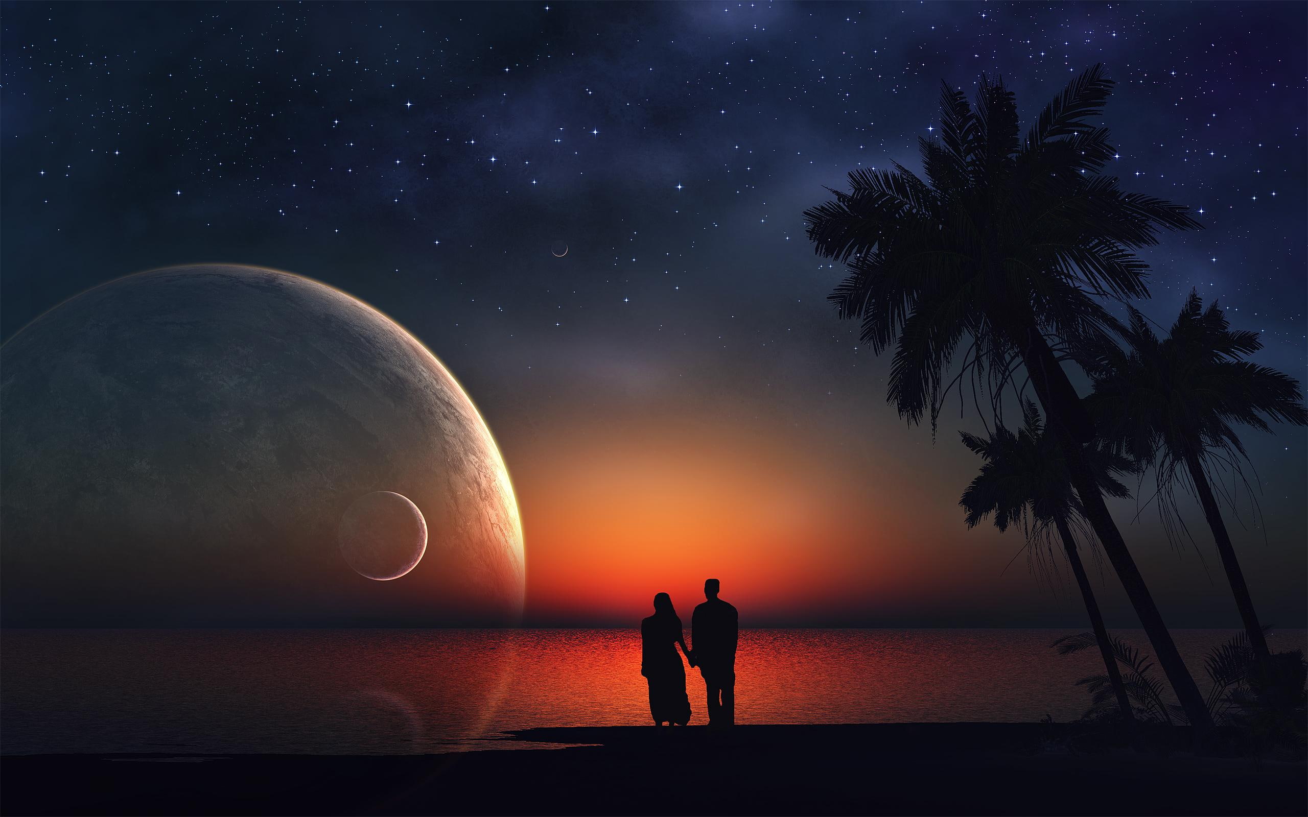 seashore, lovers, love, dream, silhouette, walking, couple, 2K, HD Wallpaper