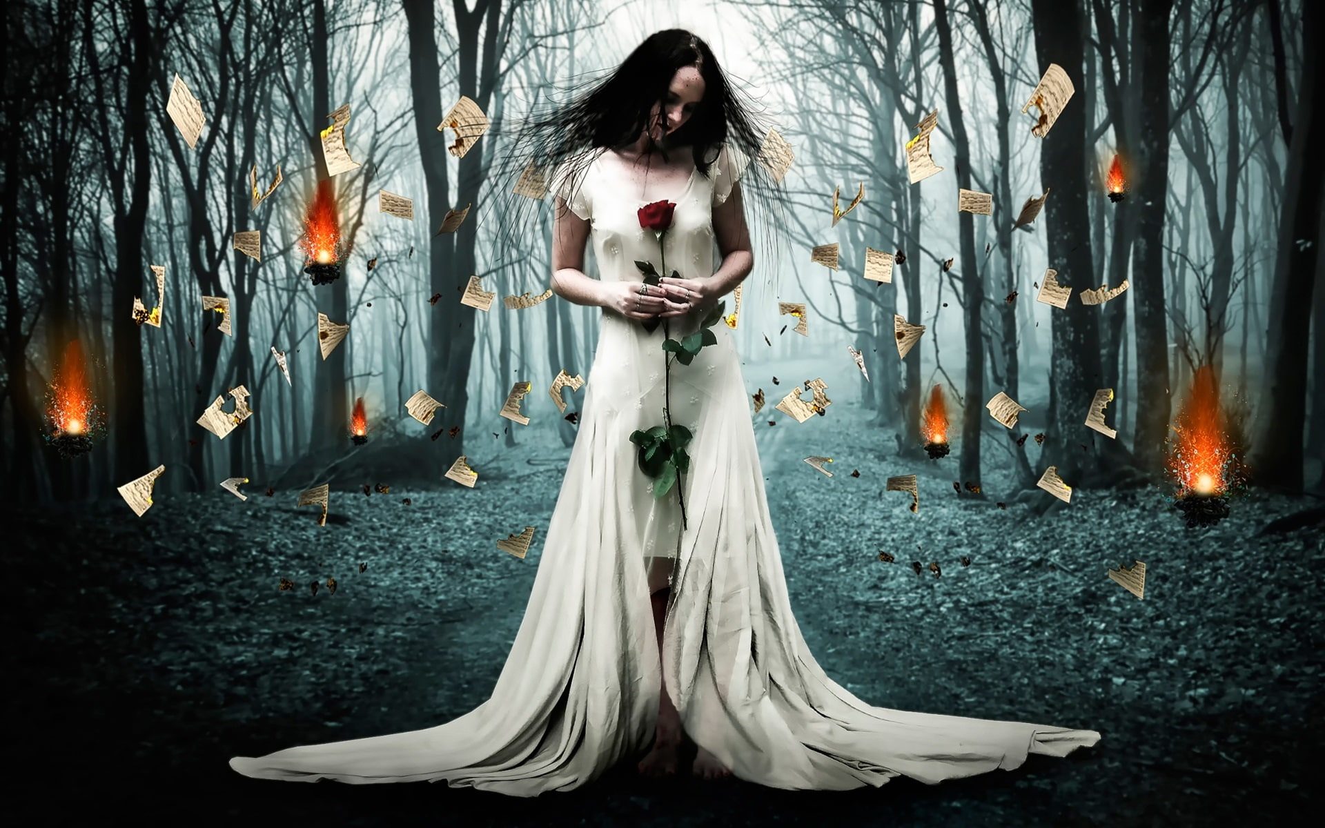 White, 1080P, Girl, Creative, Paper, Forest, Fire, Trees, Dress, Design, Burned, HD Wallpaper