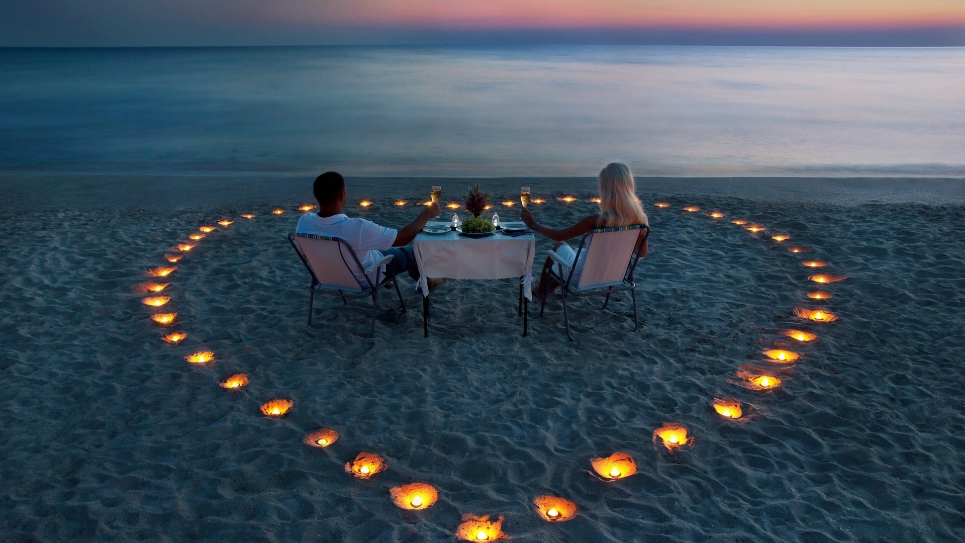 nature, horizon over water, two people, beach, sitting, horizon, idyllic, couple - relationship, lovers, water, leisure activity, men, sunset, luxury, food and drink, HD Wallpaper