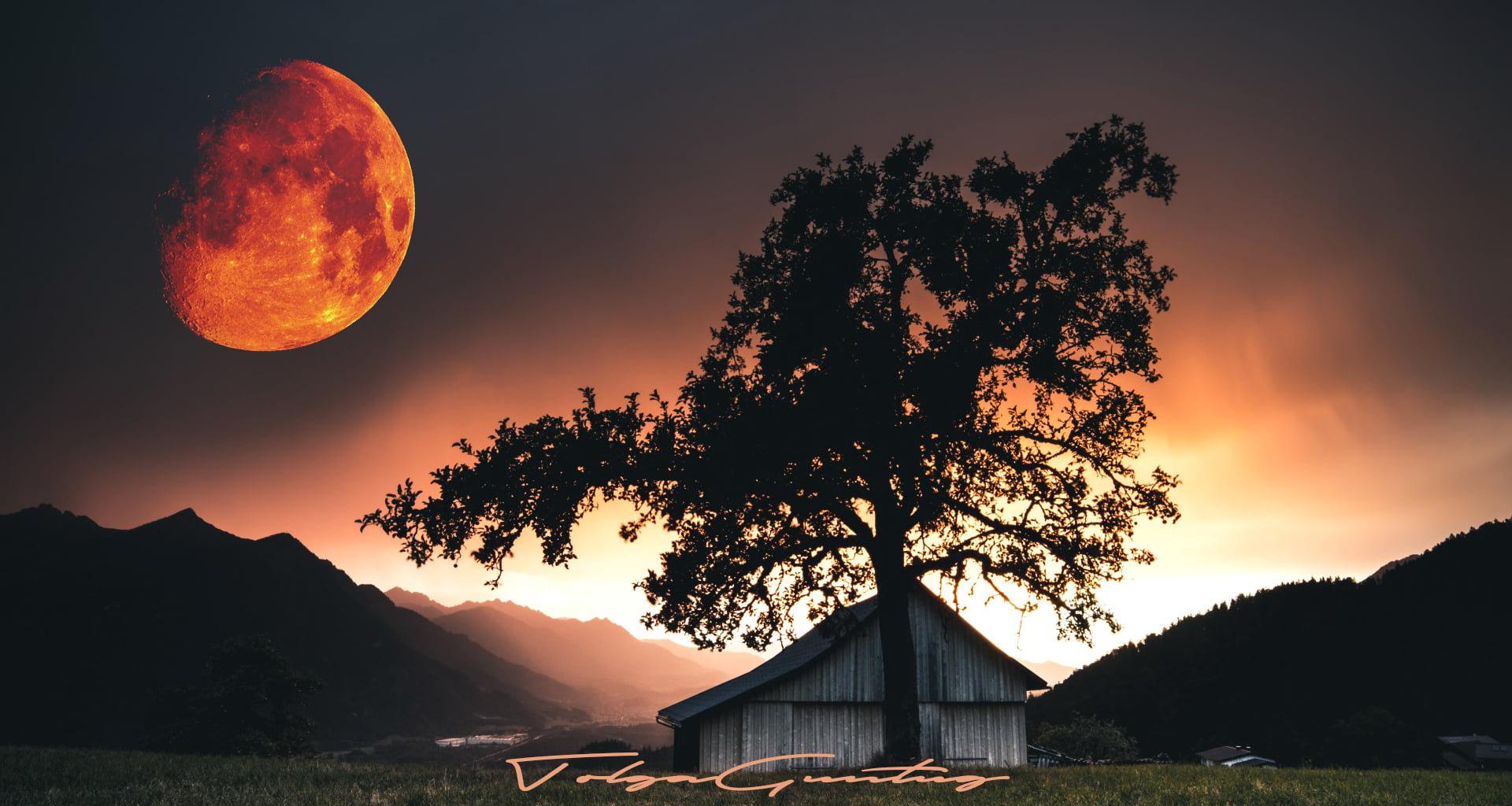 tranquil scene, landscape, sky, artwork, digital art, moon, mountain, scenics - nature, no people, trees, outdoors, tree, moonlight, architecture, Blood moon, HD Wallpaper