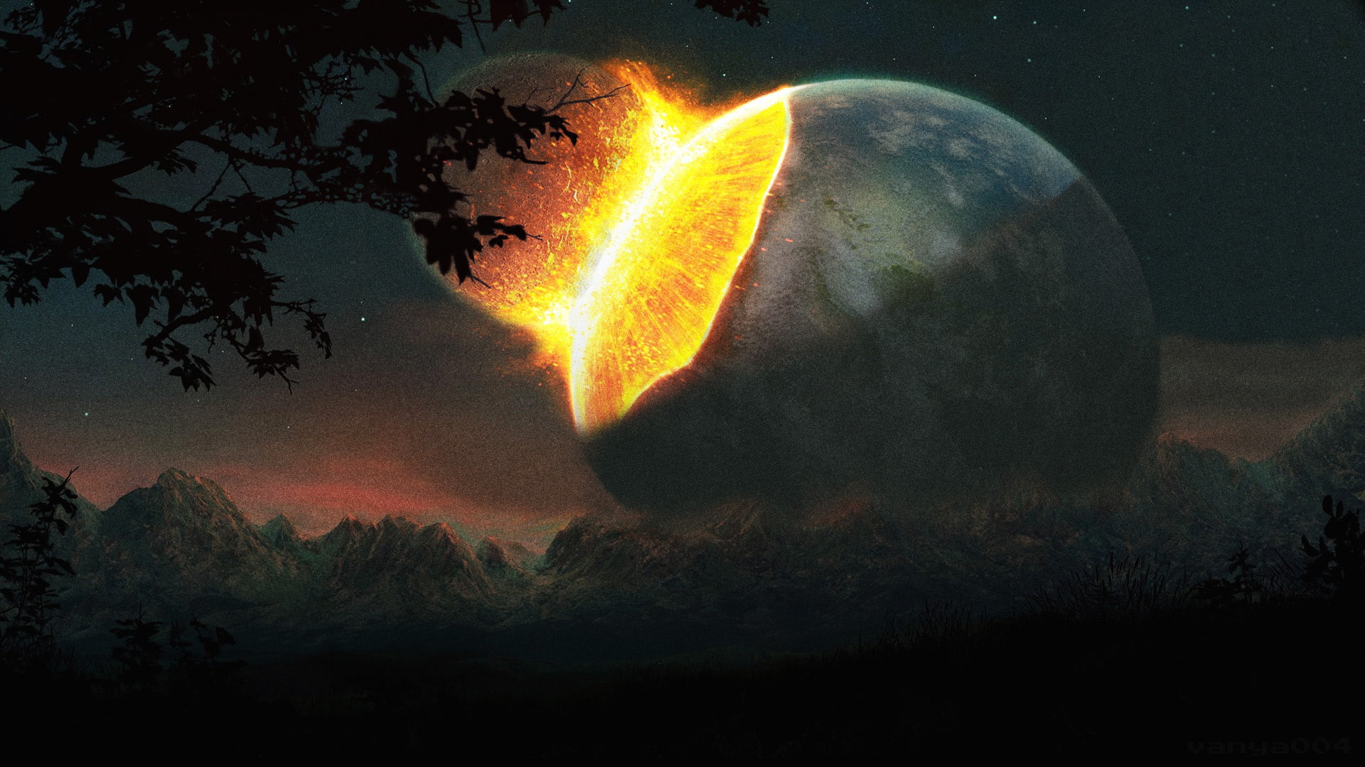 landscape, moon, hd, 1080P, alien, fantasy, stars, collide, planet, HD Wallpaper
