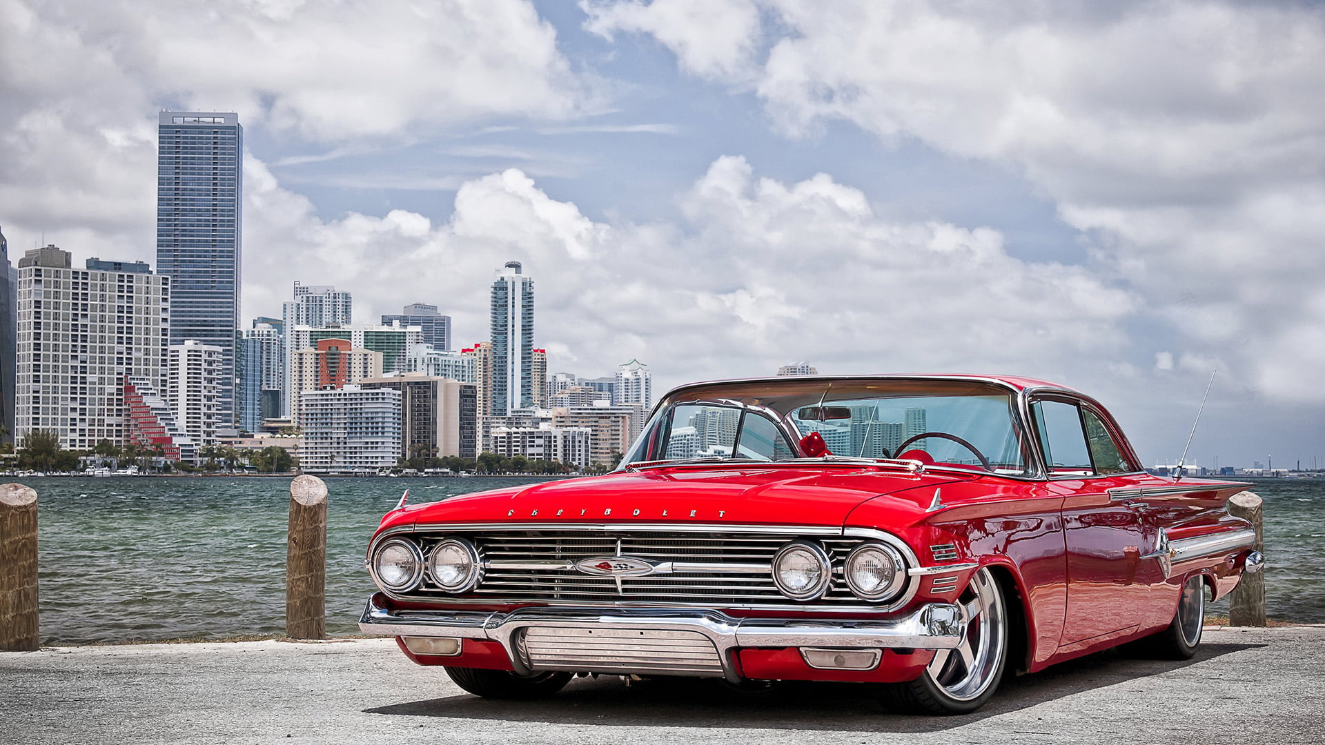 luxury, wheel, sky, transport, red, automobile, engine, black, land vehicle, cityscape, 1080P, office building exterior, traffic, mode of transportation, HD Wallpaper