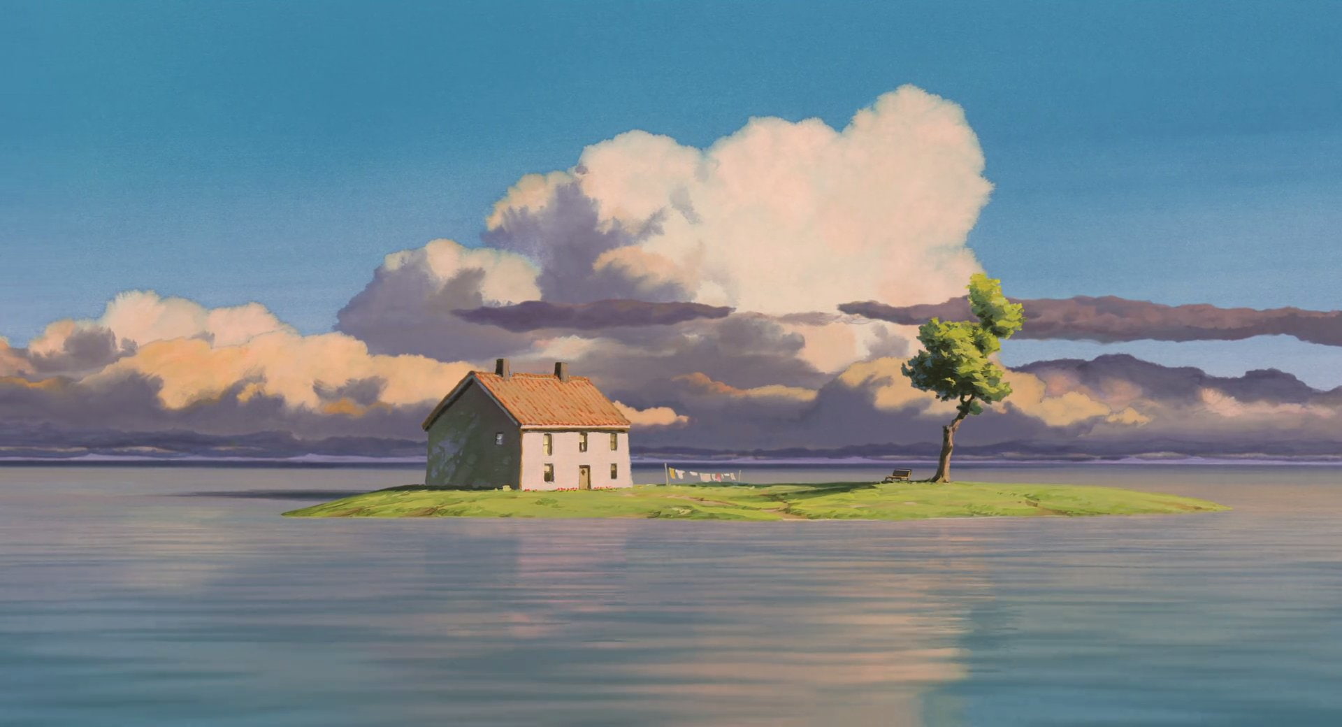 1080P, outdoors, building exterior, cloud - sky, environment, reflection, nature, sky, tranquility, water, house, Spirited Away, lake, built structure, HD Wallpaper