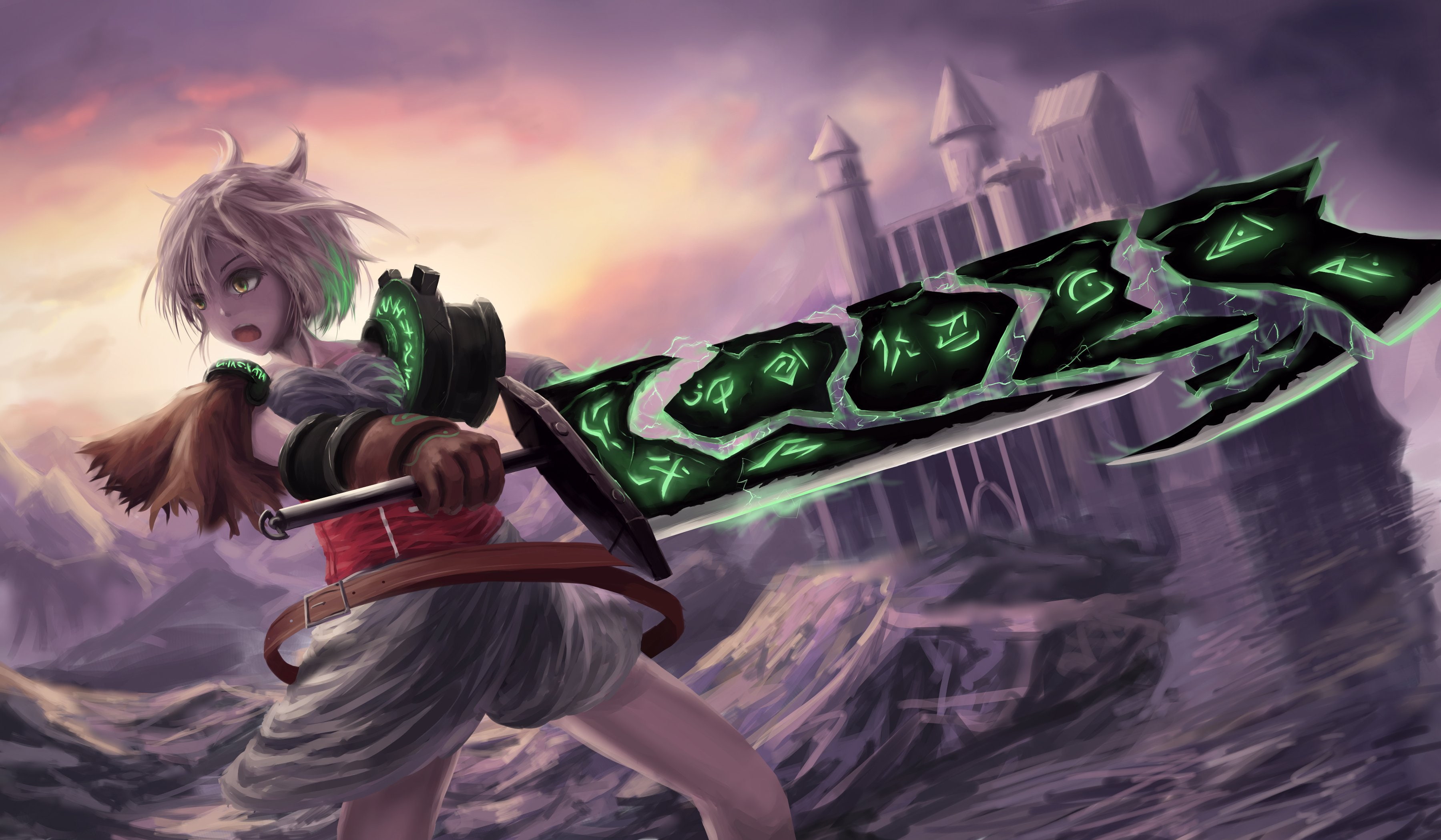league, sword, legends, building, riven, (league, short, sunset, 2K, legends), hair, weapon, newnand, HD Wallpaper