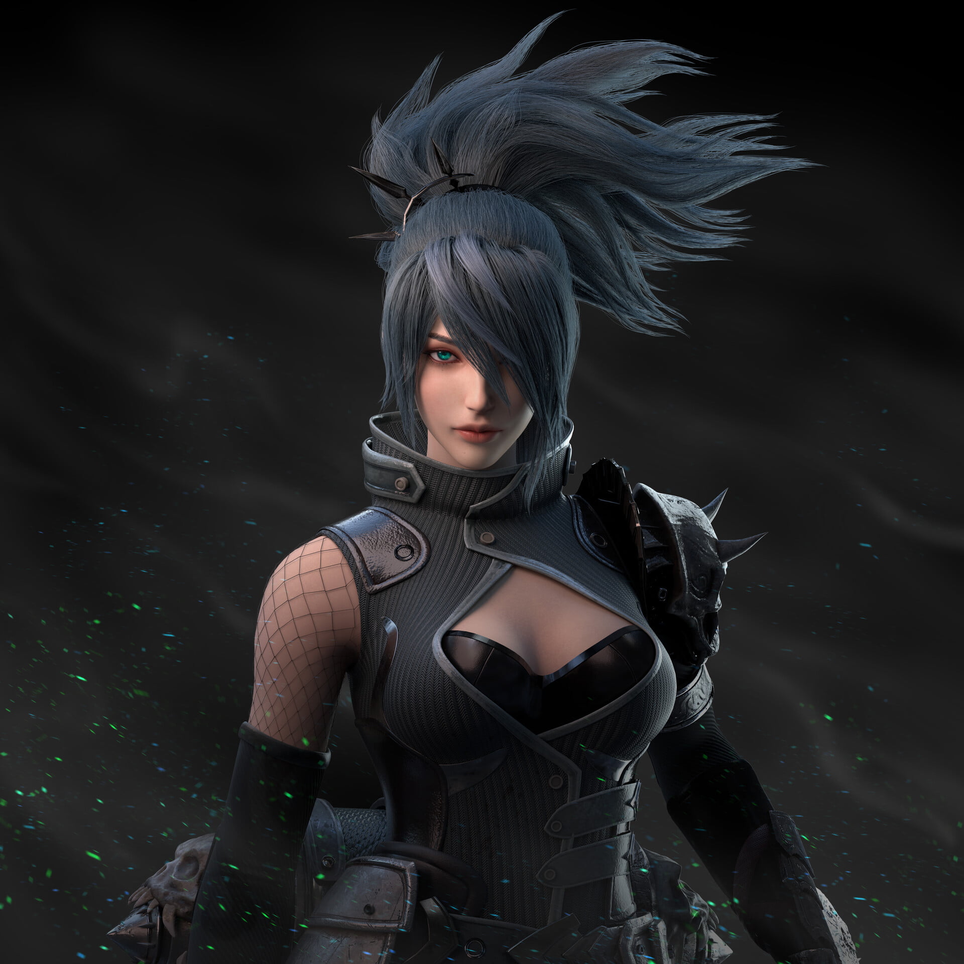 League of Legends, blue eyes, black clothing, Akali(League of Legends), Mist XG, ponytail, hair over one eye, 1080P, simple background, women, ninjas, Phone HD Wallpaper