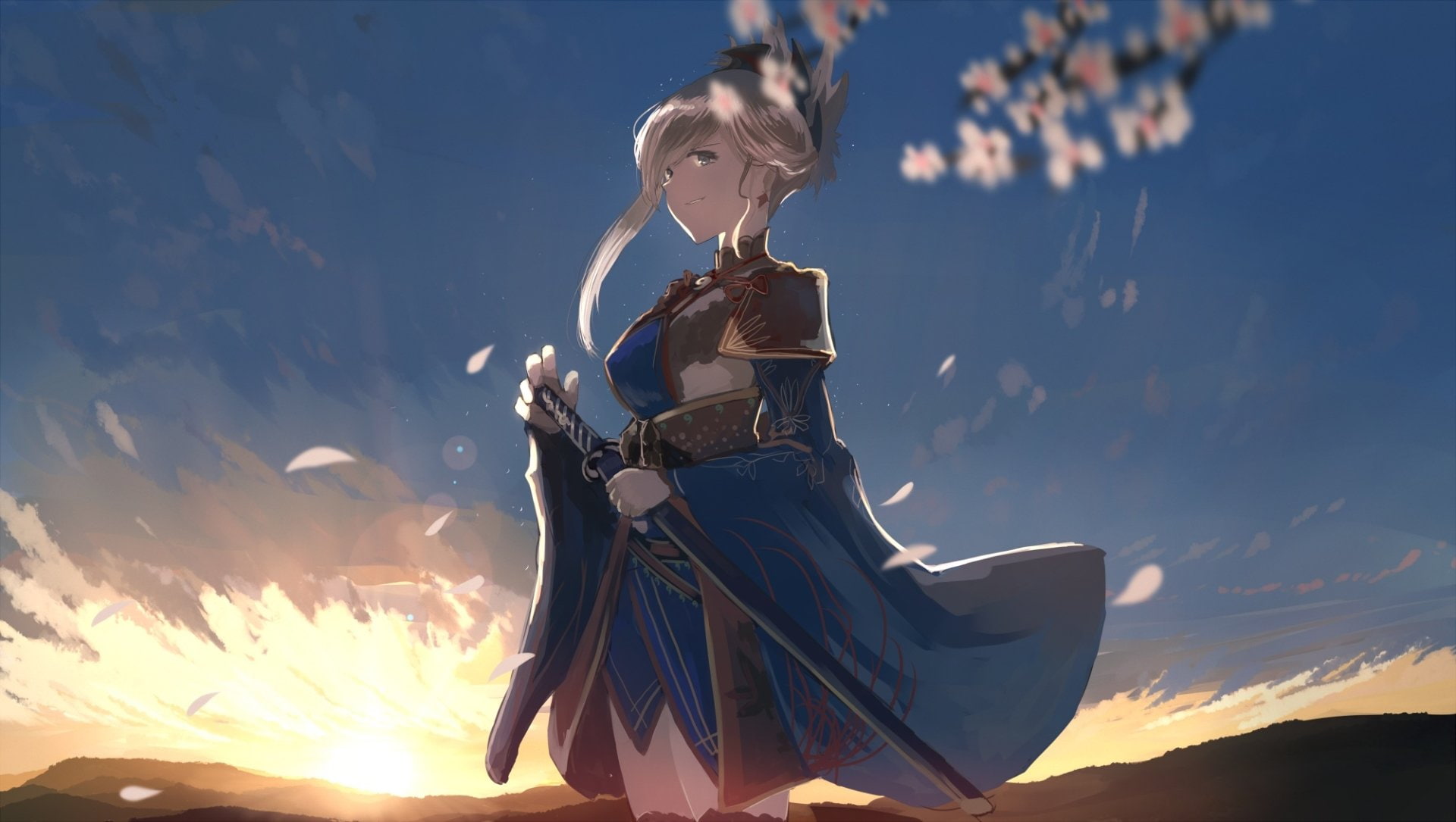 White Hair, Dress, Smile, Weapon, Fate Series, Ponytail, Sunset, Blue Eyes, 1080P, Girl, Long Hair, Miyamoto Musashi, Fate/Grand Order, Sword, HD Wallpaper