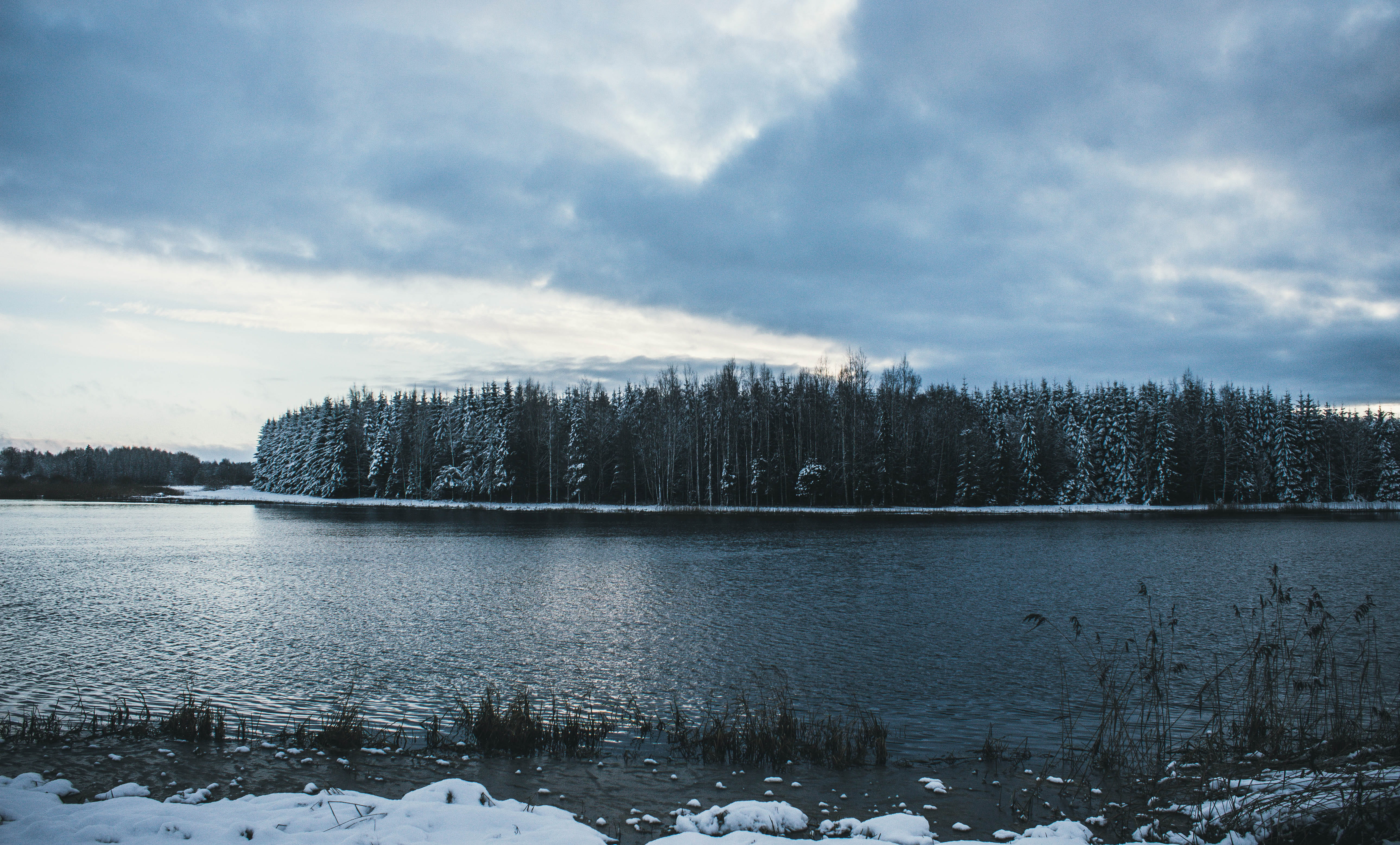 ice, outdoors, scenic, beauty in nature, clouds, tranquil scene, no people, tranquility, lake, cloud - sky, trees, cold, coniferous tree, day, winter, pine tree, HD Wallpaper
