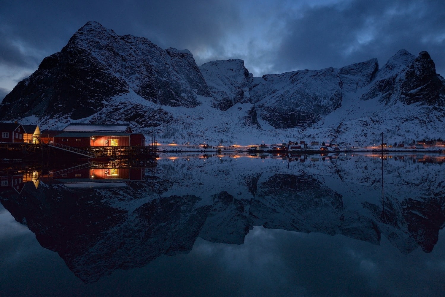720P, lagoon, cold, water, calm, no people, lights, mountain, mountain range, outdoors, mountains, beauty in nature, lake, nature, snow, architecture, HD Wallpaper