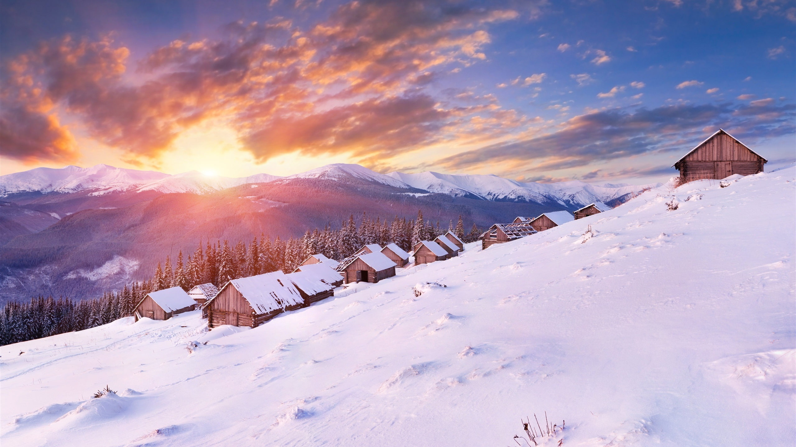 Snow, Houses, Thick, Sun, 2K, Cold, Mountains, Winter, HD Wallpaper
