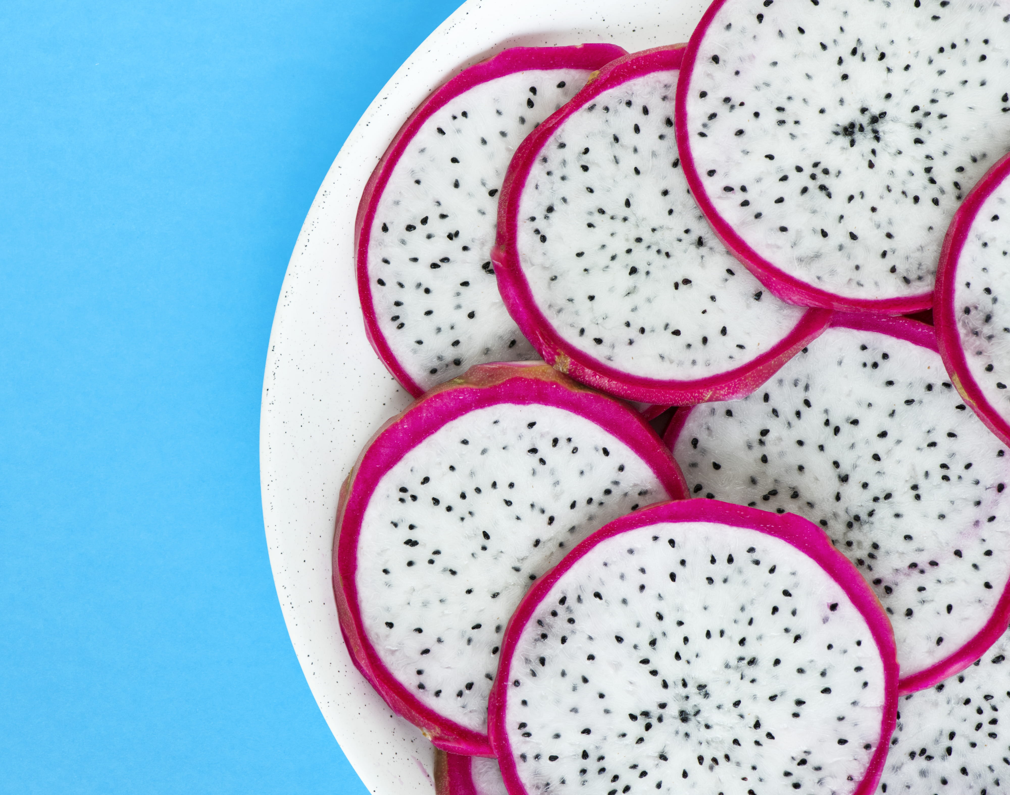 ripe, sweet, blue, food, fruit, seeds, eat, organic, slice, pink color, healthy, diet, juicy, dragon, macro, illustration, refreshment, blue background, HD Wallpaper