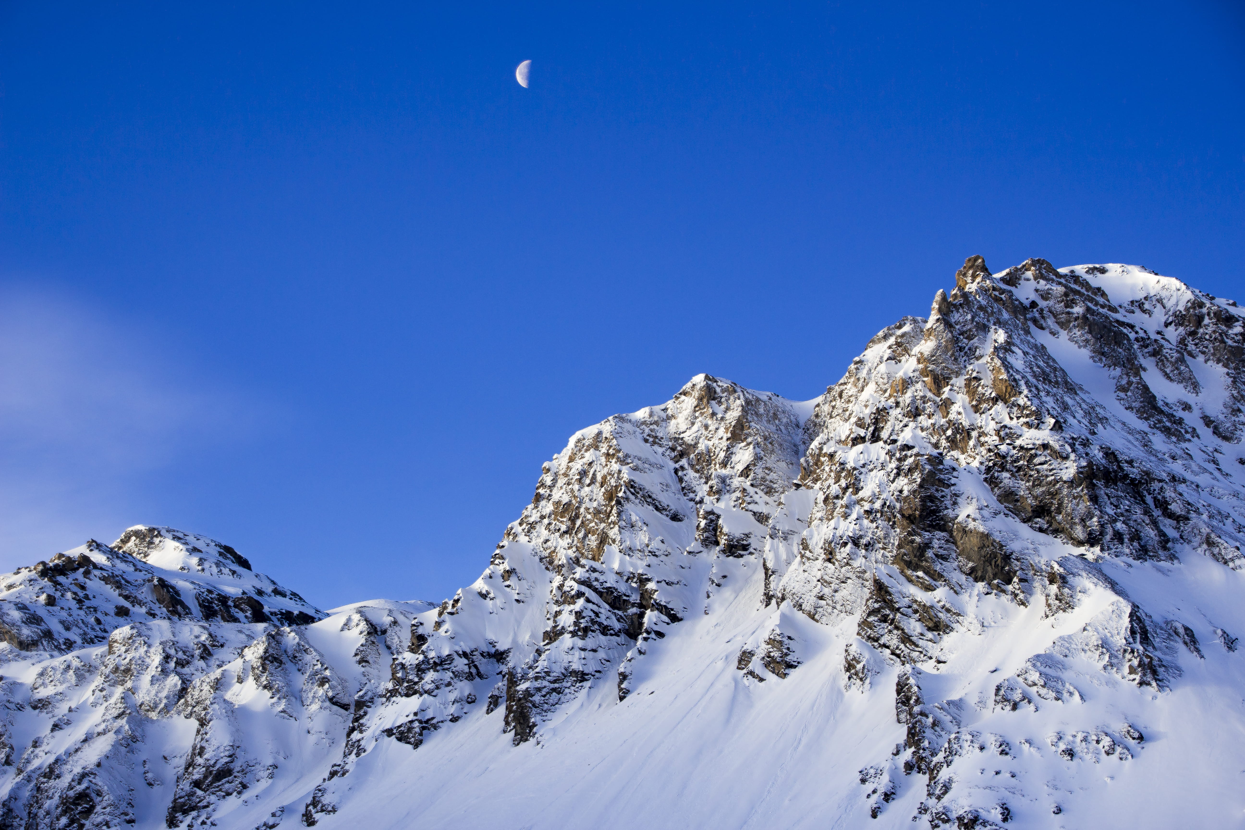 season, day, cover, winter, outdoors, mountains, cold temperature, nature, snow, mountain Range, environment, scenics, moon, adventure, showing, snowcapped mountain, HD Wallpaper
