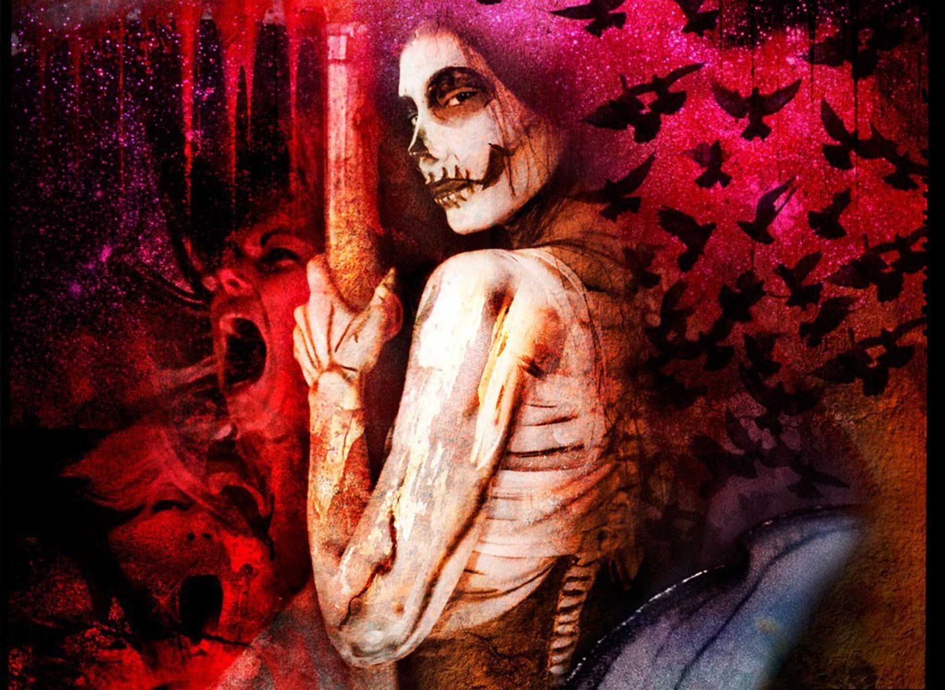 religion, belief, close-up, 1080P, spooky, fear, sculpture, spirituality, Sugar Skull, art and craft, woman, representation, red, horror, indoors, blood, HD Wallpaper