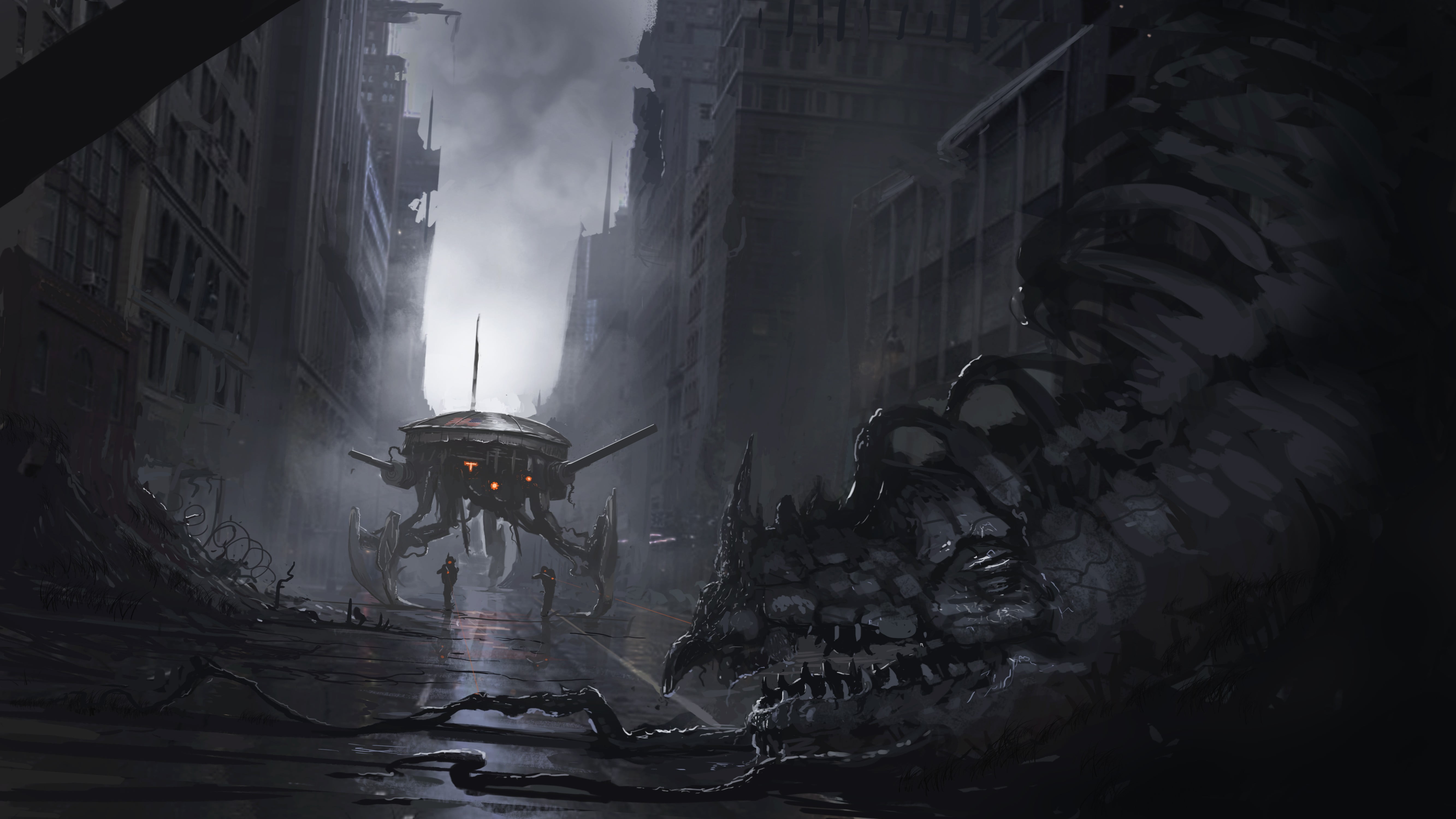 built structure, outdoors, death, soldier, 5K, fog, street, destruction, city, building exterior, residential district, transportation, robot, gray, water, HD Wallpaper