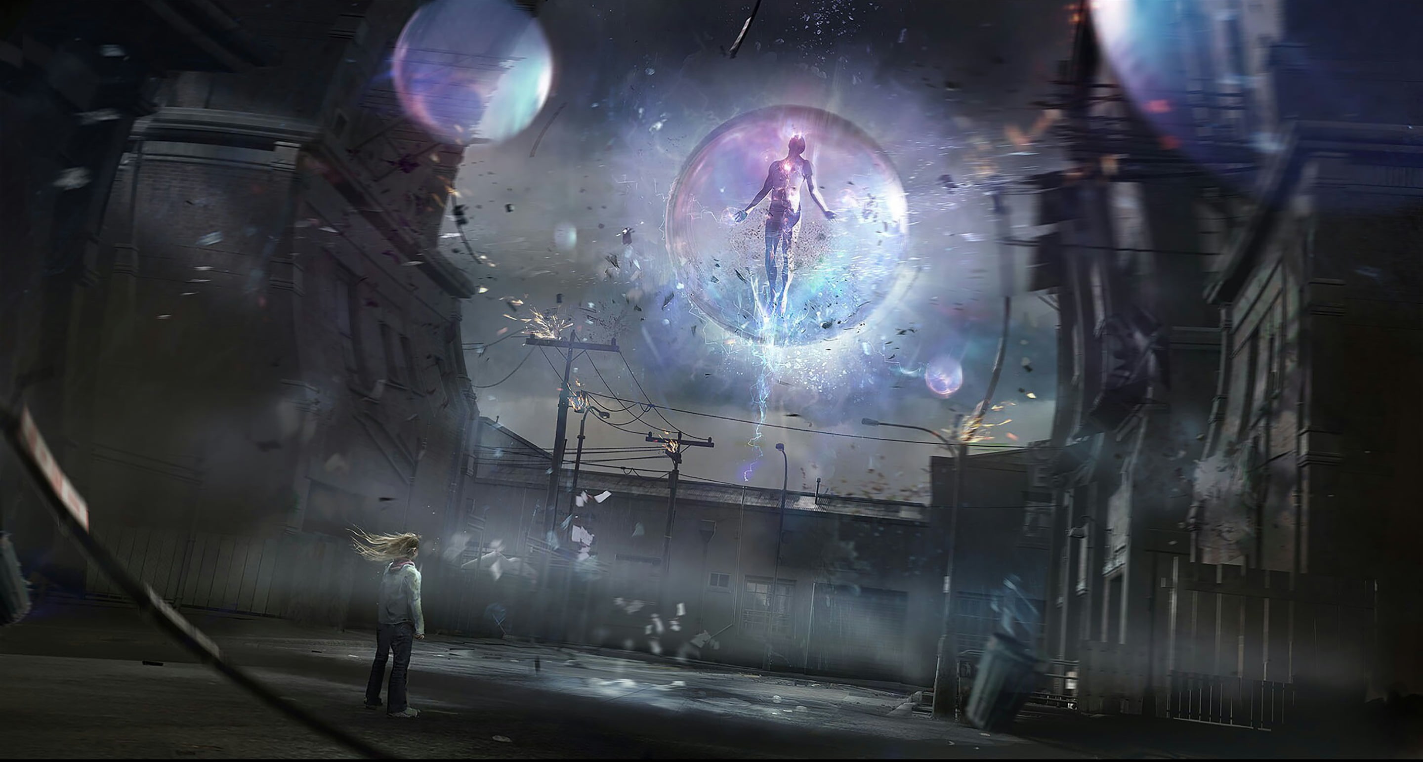 magic, digital art, urban, fictional creatures, people, floating, concept art, portrait, creature, sphere, digital, dark, architecture, atmosphere, 2K, HD Wallpaper