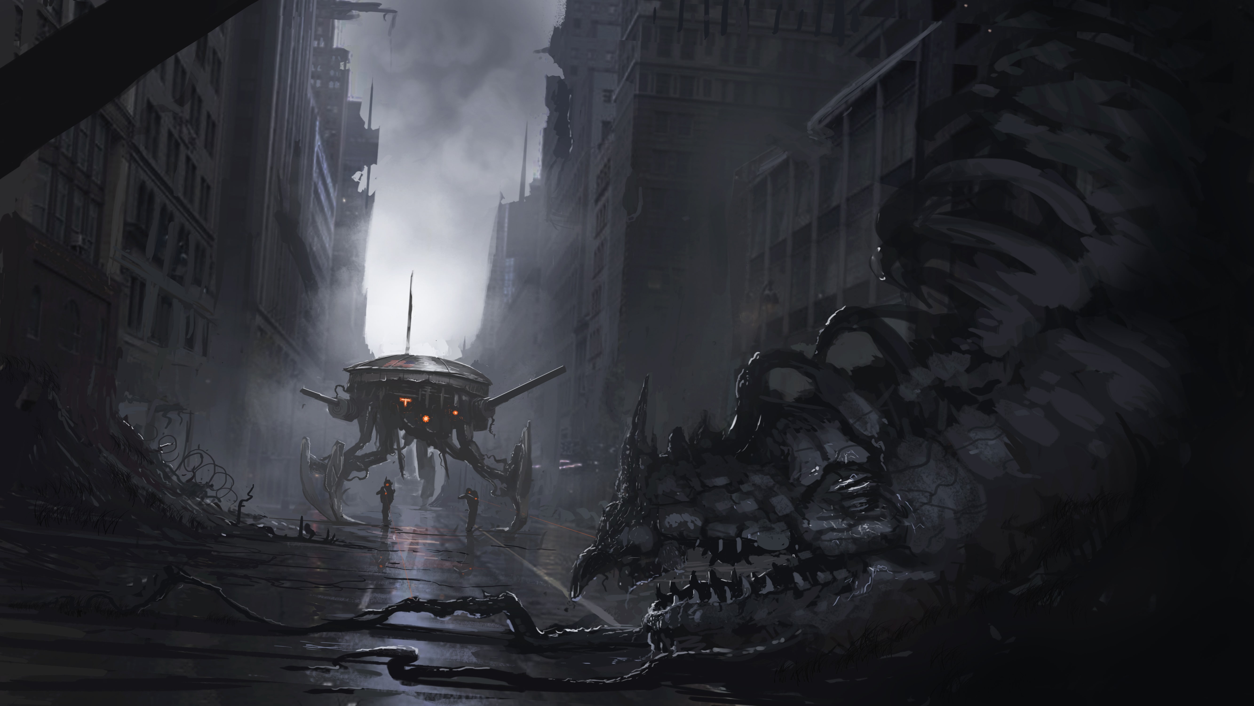 creature, destruction, city, soldier, artwork, fantasy art, robot, science fiction, 5K, concept art, death, HD Wallpaper