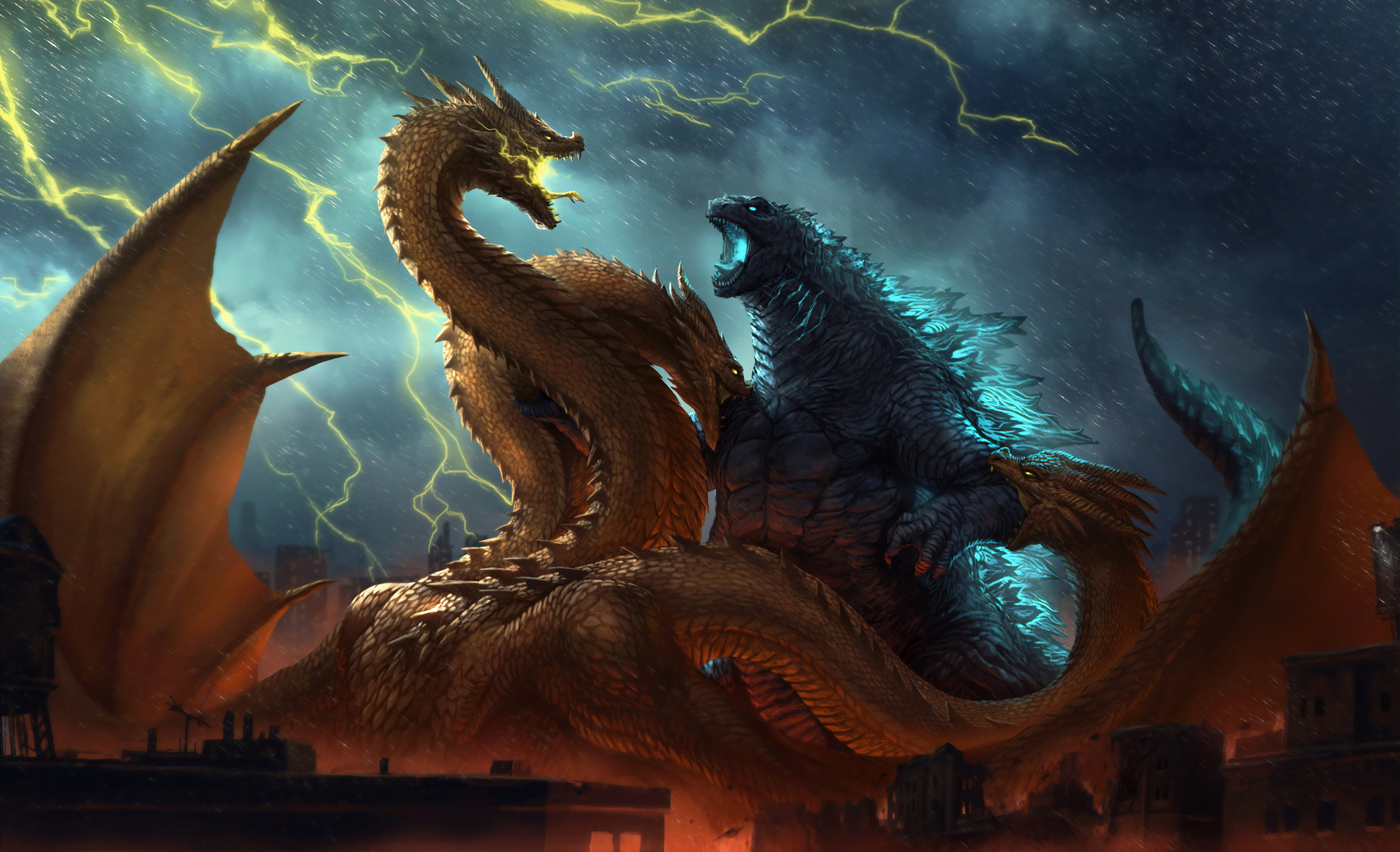 lightning, fantasy art, fictional creatures, artwork, Godzilla, dragon, 4K, HD Wallpaper