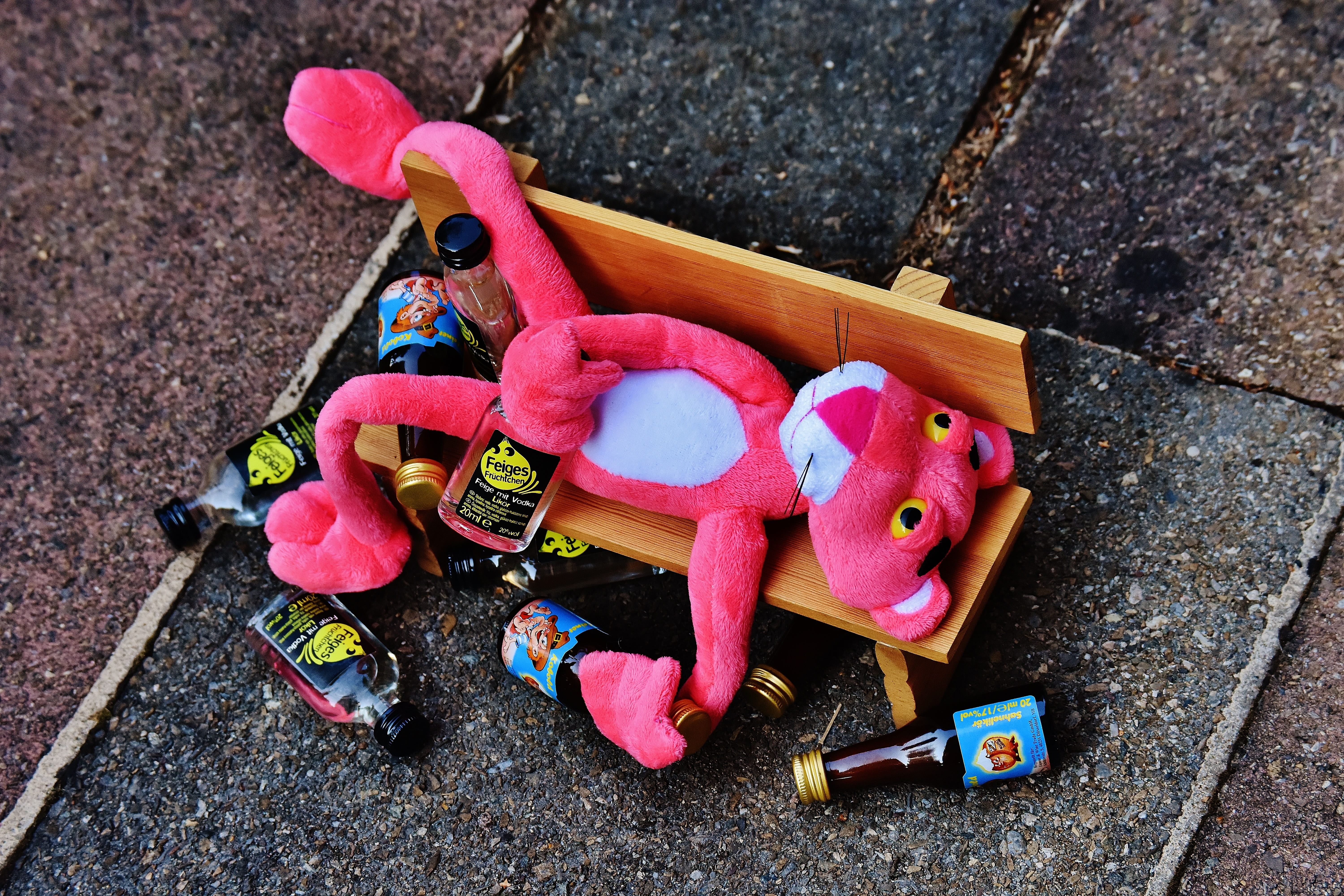 alcohol, street, outdoors, stuffed animal, day, nature, figure, pink, high angle view, sit, footpath, sweet food, communication, the pink panther, close-up, HD Wallpaper