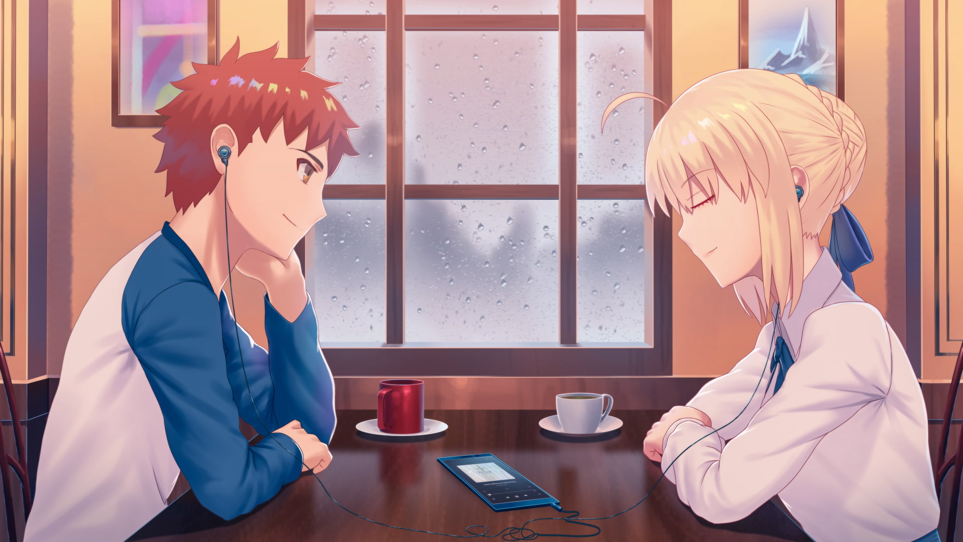 Shirou Emiya, Fate/Stay Night, Fate Series, smiling, 1080P, Saber, headphones, blonde, Arturia Pendragon, HD Wallpaper
