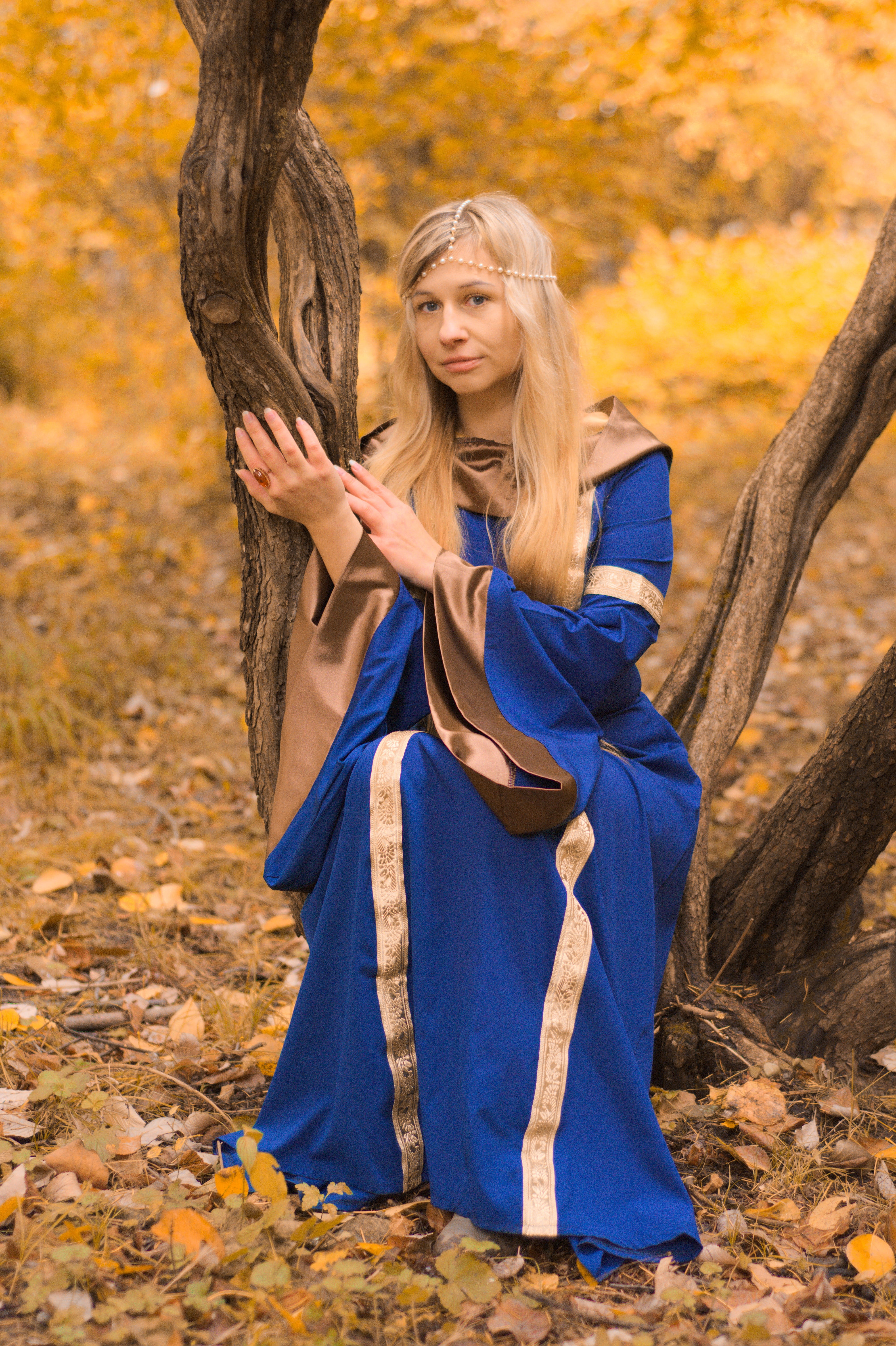 autumn, brown, wild wood, tree, sitting, dress, tree trunk, land, cosplay, blue, witch, women, teenager, one person, long hair, plant part, hair, to conjure, Phone HD Wallpaper