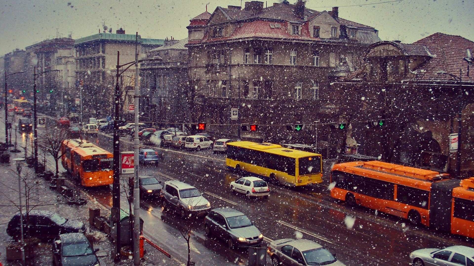 no people, car, road, snow, yellow, transportation, land vehicle, winter, buses, city life, city, rain, motor vehicle, architecture, bus, city street, street, HD Wallpaper