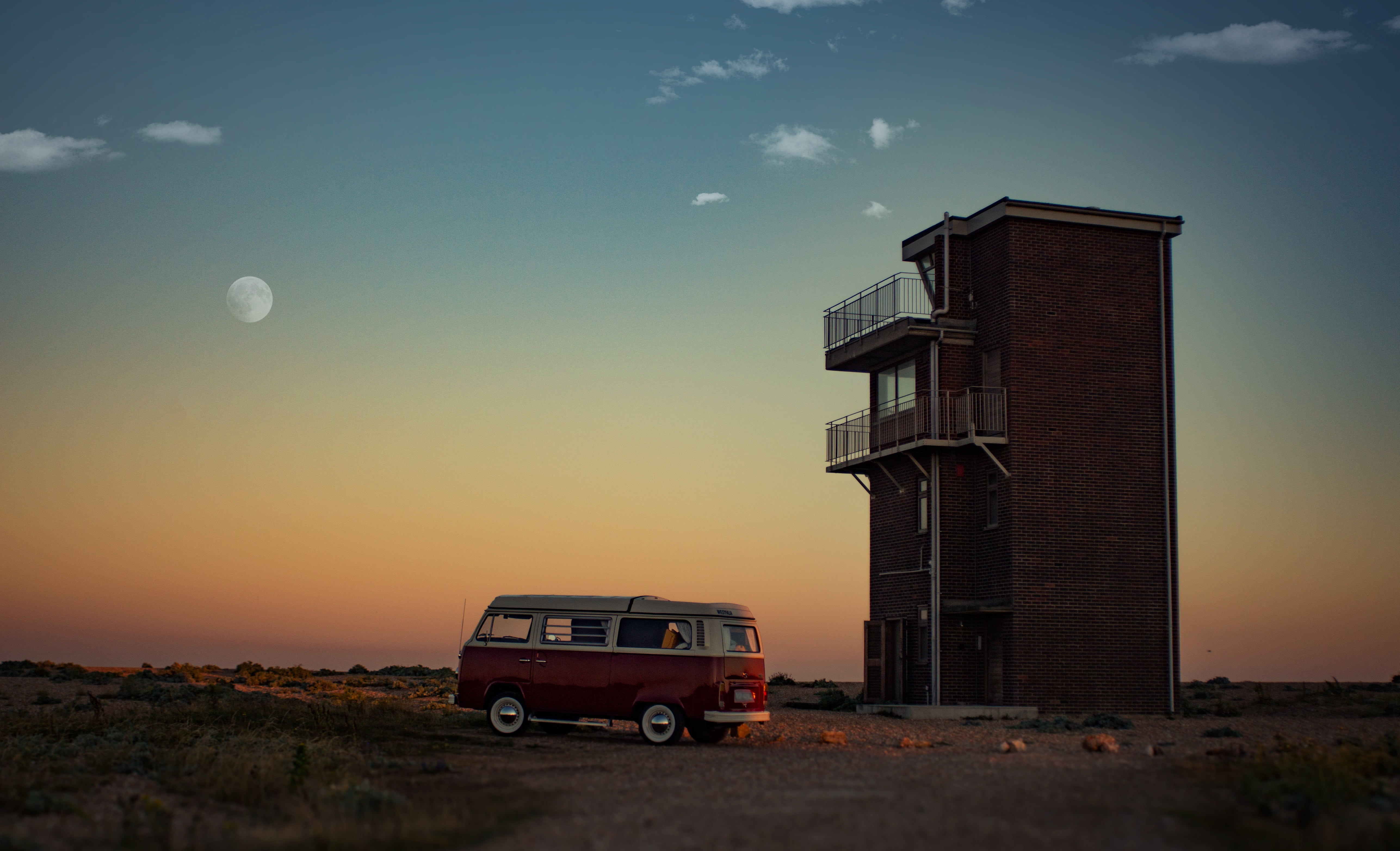 bricked, volkswagen, vehicle, building exterior, building, near, car, t, architecture, built structure, outdoors, day, brown, cloud - sky, land, clouds, HD Wallpaper