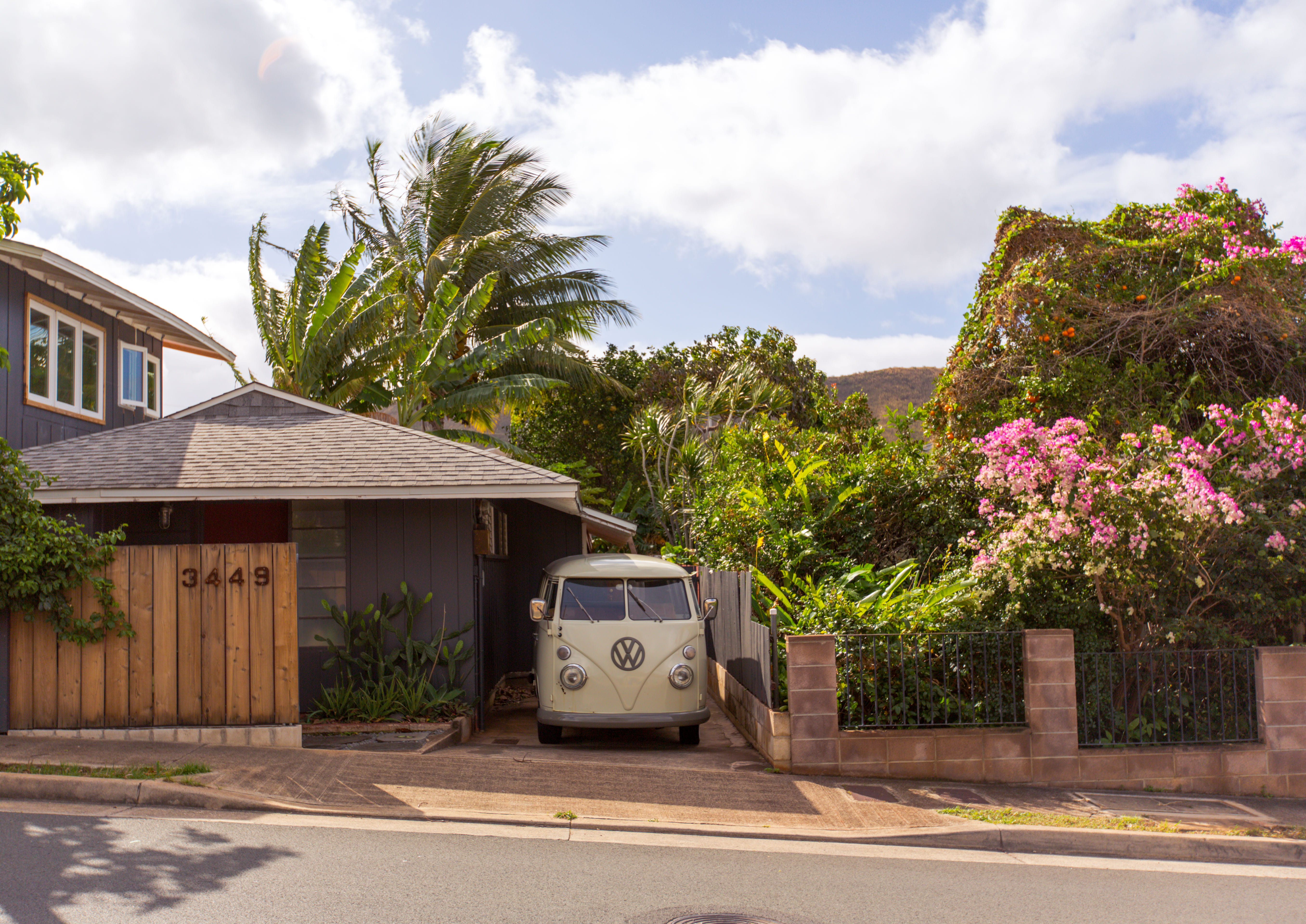 daytime, palm tree, architecture, road, brown, tropical climate, beside, vw, garage, day, tree, house, outdoors, volkswagen, transportation, building exterior, HD Wallpaper