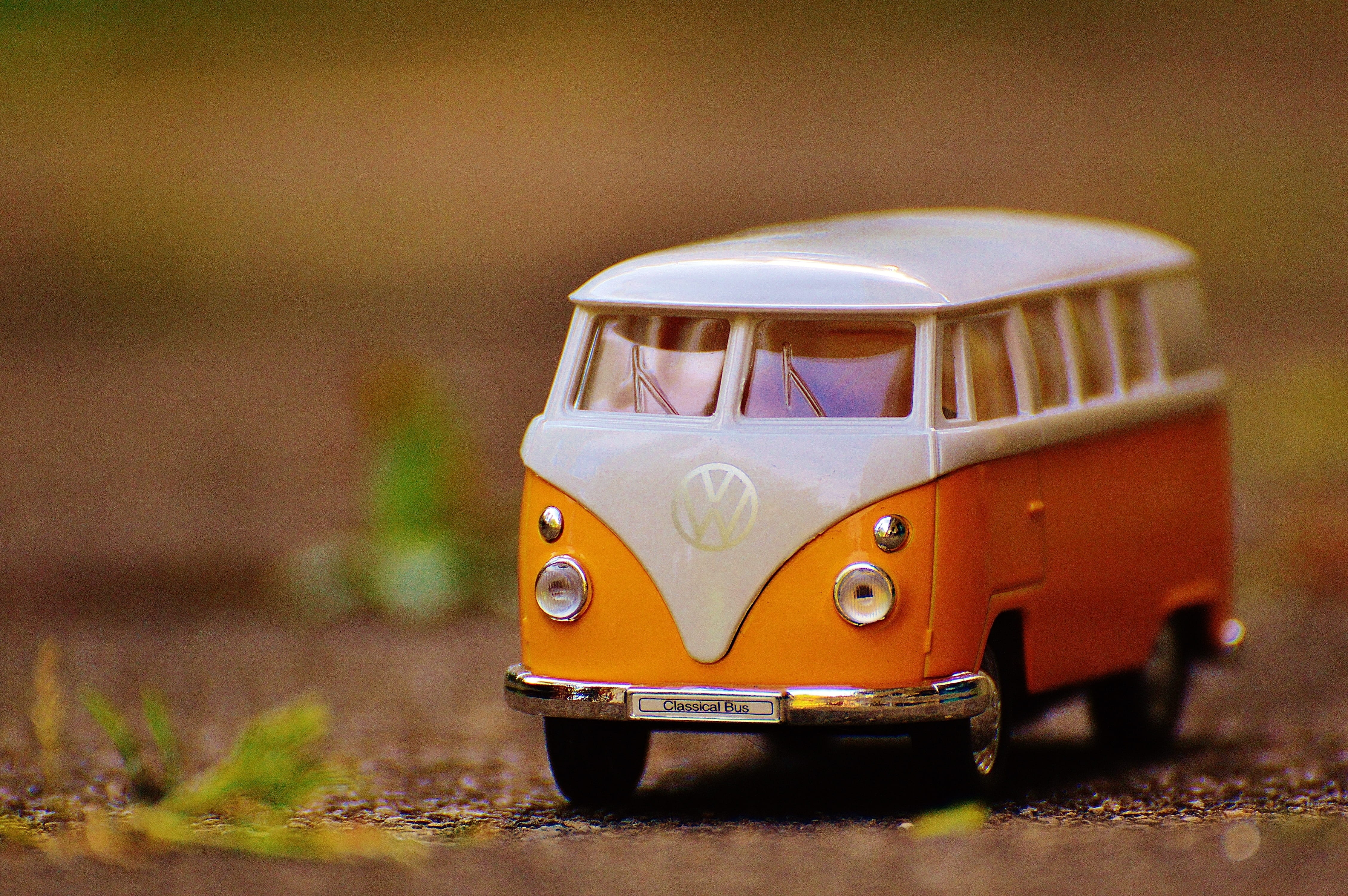 yellow, vw bus, 4K, small, orange, outdoors, camper, retro styled, die, auto, transportation, focus, bulli, white, toy car, vintage car, mode of transportation, HD Wallpaper