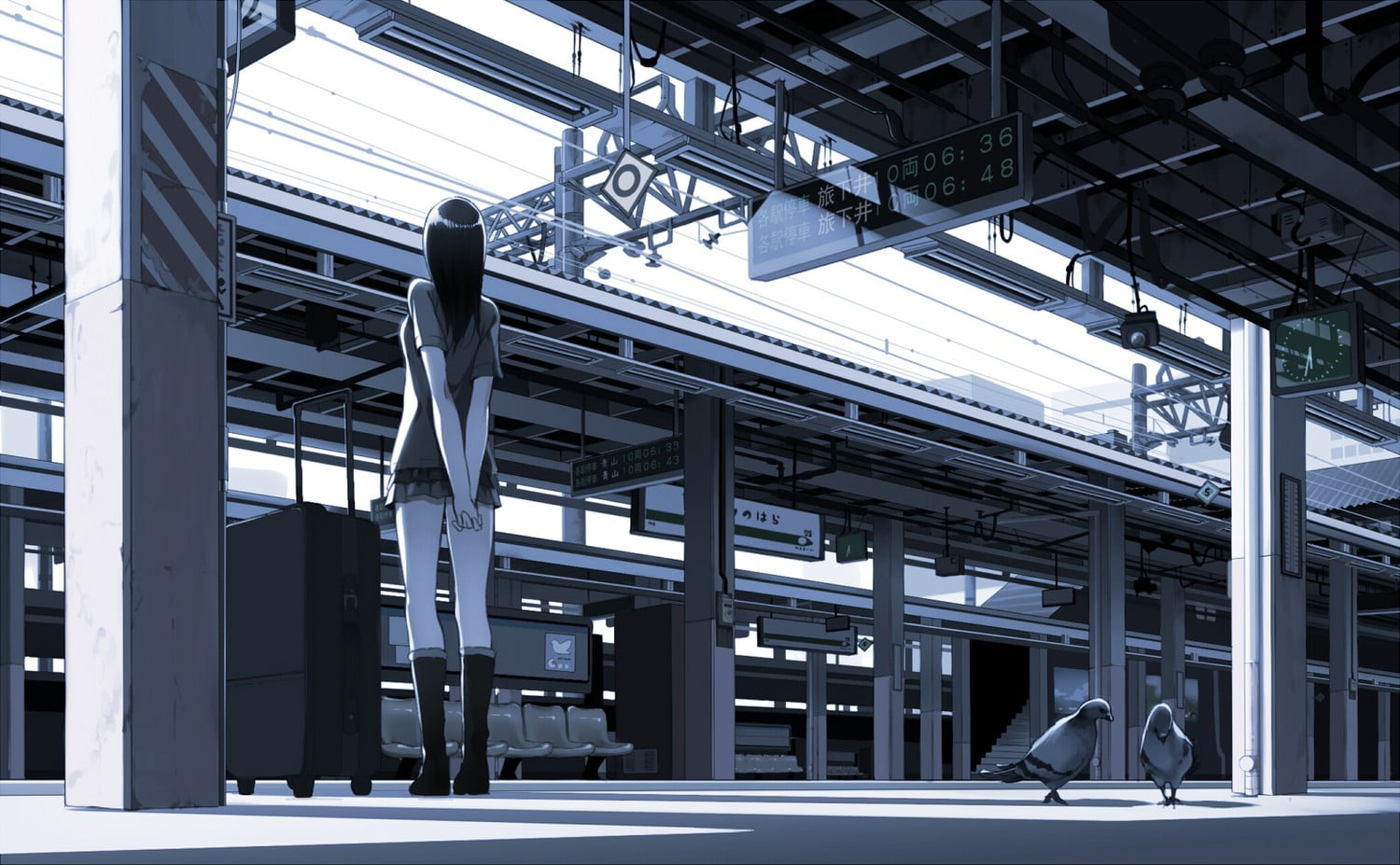 anime girls, no people, girder, sunlight, day, train station, architecture, industry, city, transportation, pigeons, text, 720P, mode of transportation, HD Wallpaper