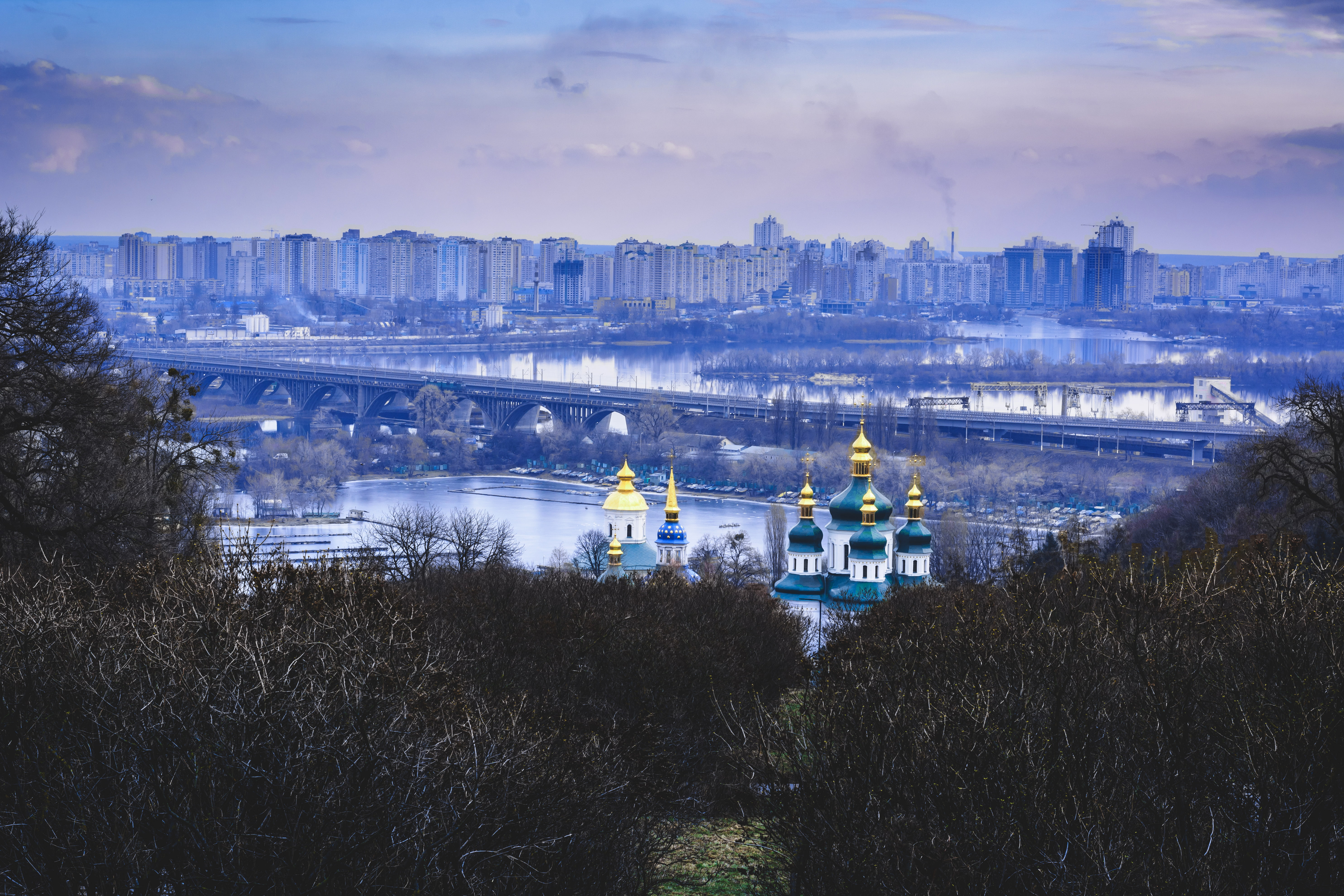 winter, Kiev, 5K, Vydubychi, dome, Ukraine, bridge, the monastery, Botanical, Garden, Dnepr, HD Wallpaper