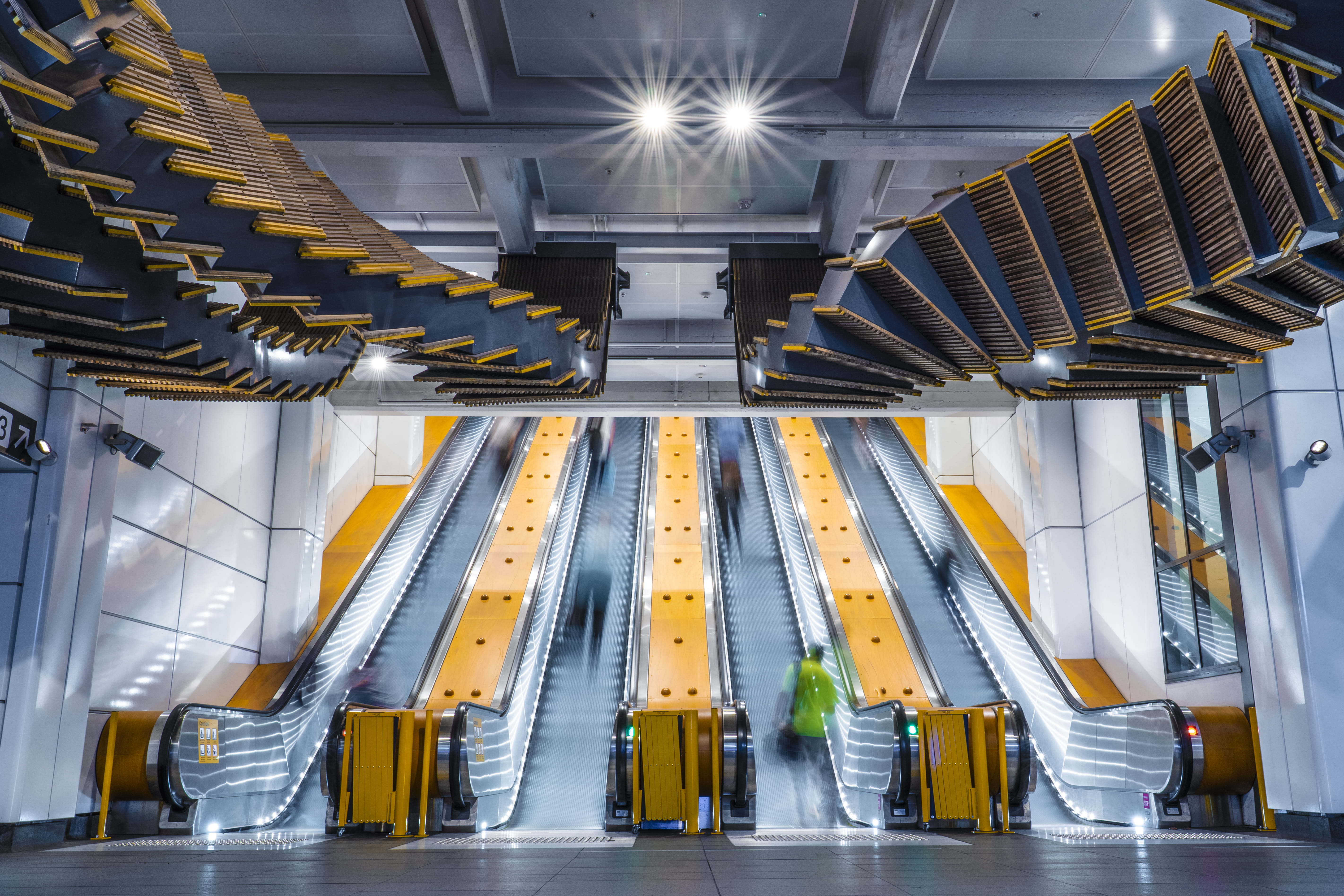 industrial equipment, vehicle, yellow, airport terminal, architecture, escalator, modern, inside, sydney, lighting equipment, metal, equipment, building, HD Wallpaper