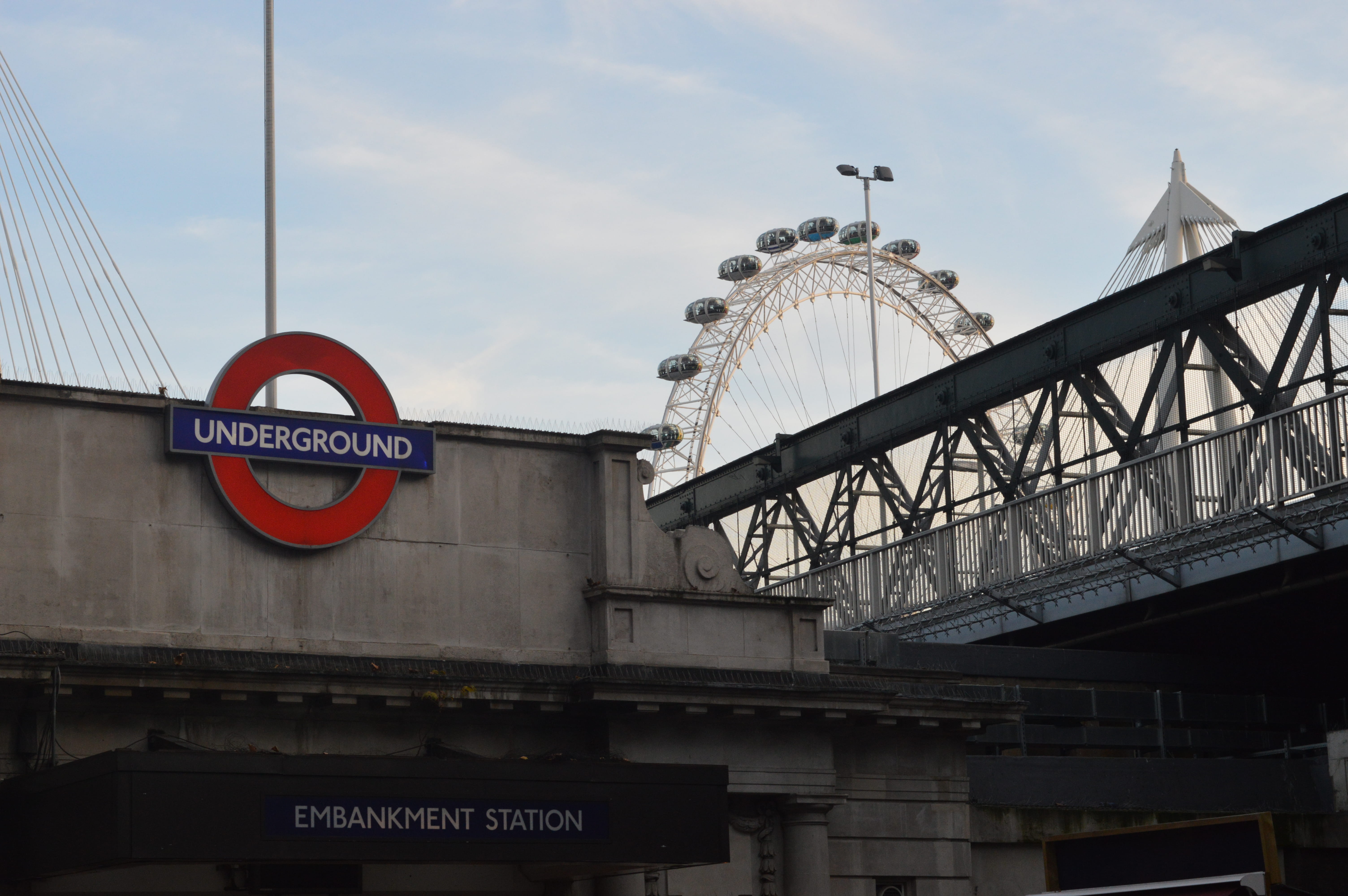 no people, london, low angle view, city, travel, architecture, building exterior, communication, travel destinations, sign, outdoors, london eye, transportation, HD Wallpaper