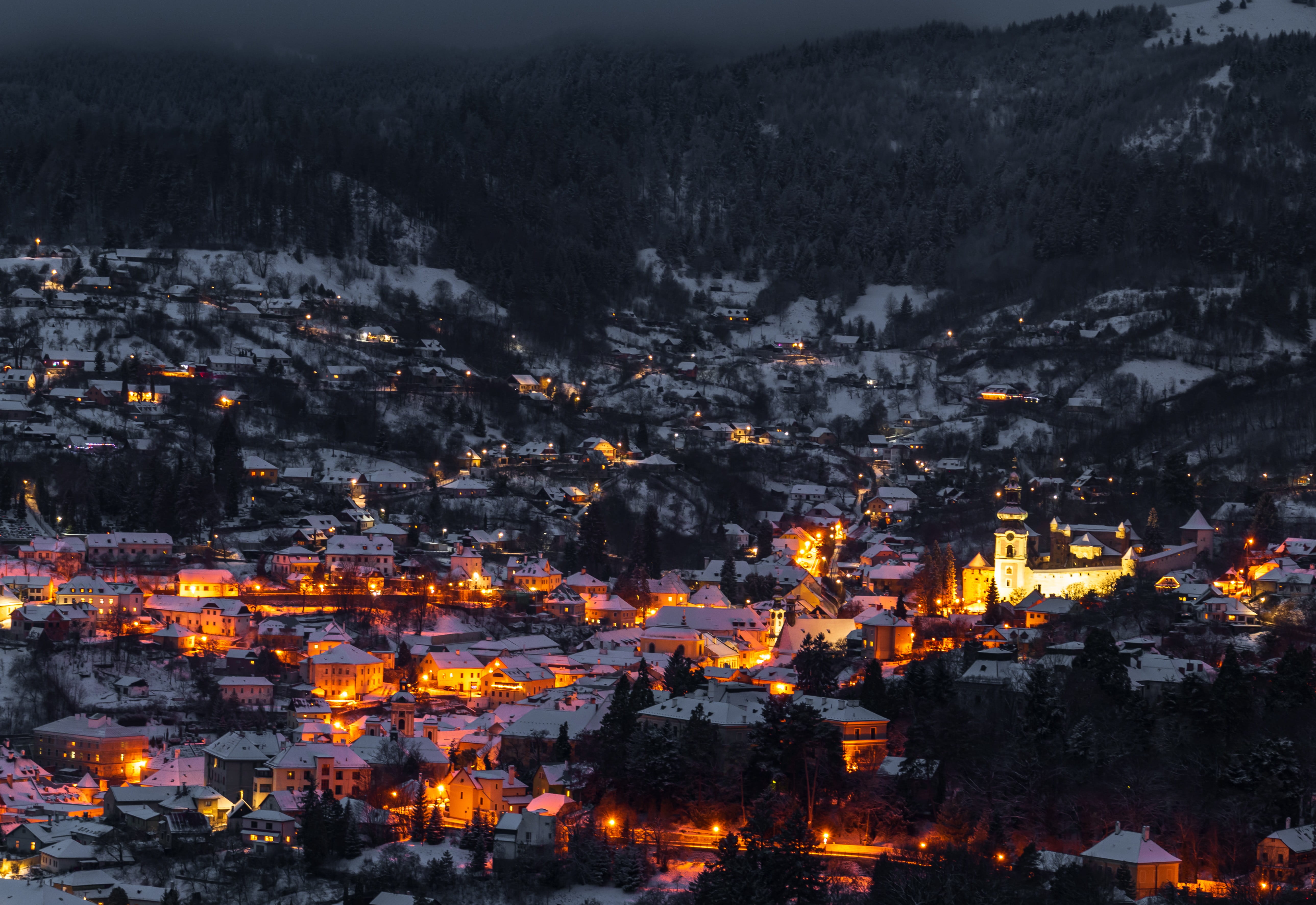 building, lights, residential district, abies, nature, night city, panoramic, person, slovakia, night, plant, outdoors, mountain, tree, built structure, HD Wallpaper