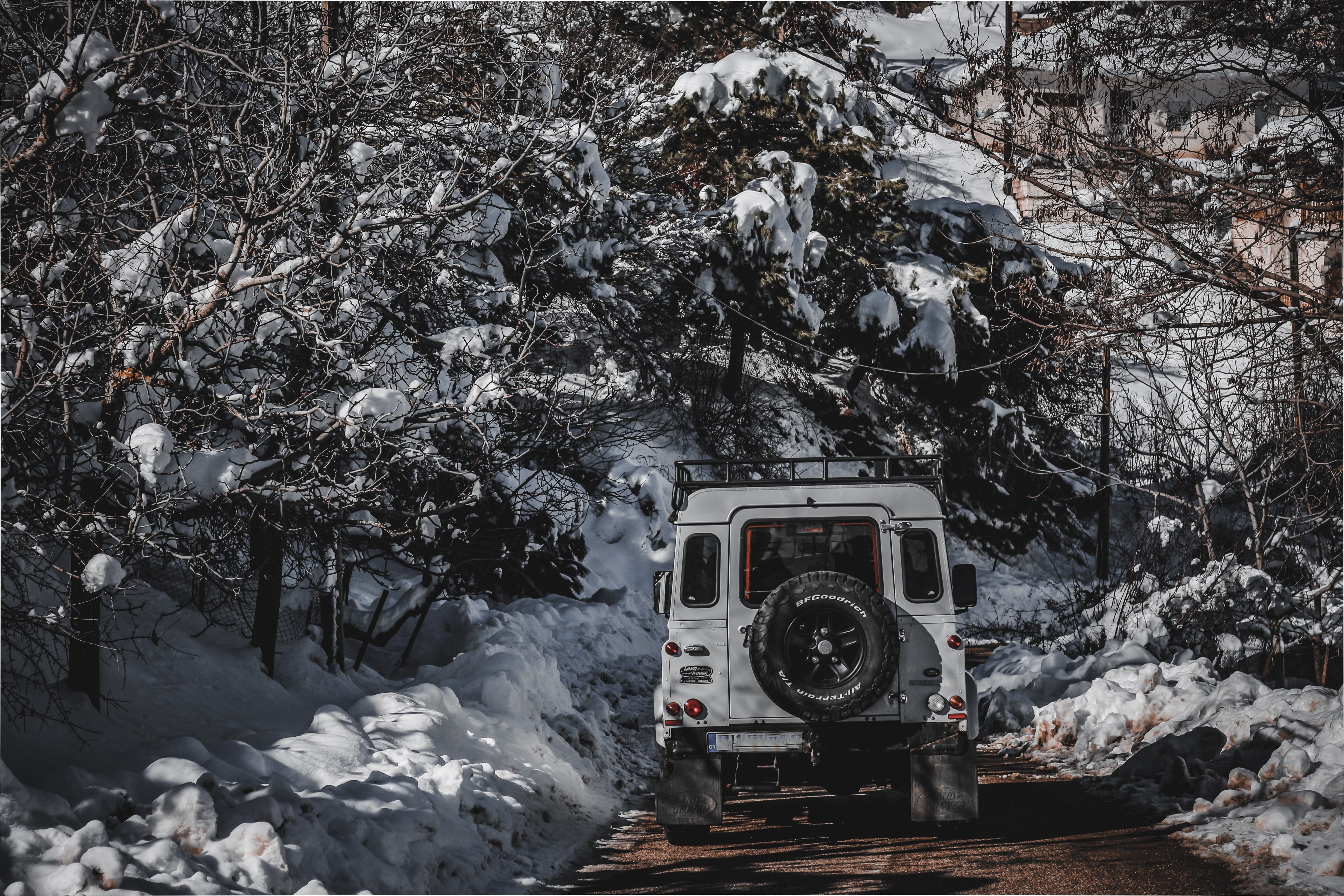 day, land vehicle, tree, transportation, winter, train, snow. jeep. cristmas. white. winter, cold temperature, person, beauty in nature, 5K, nature, no people, HD Wallpaper
