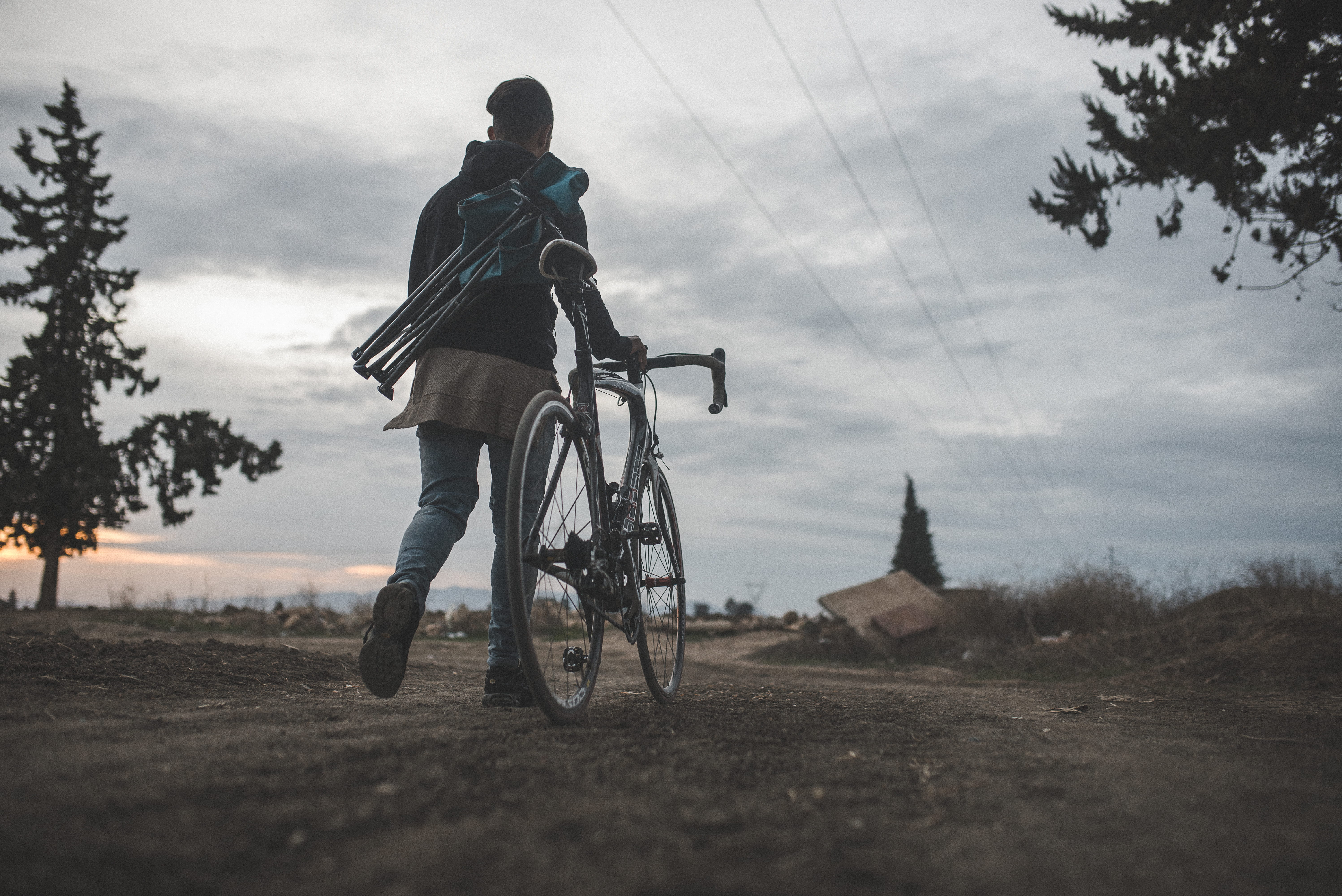 walking, bicycle, person, land vehicle, people, beside, conifer, riding, pine, flora, male, plant, sports, fir, abies, sky, transportation, road, leisure activity, HD Wallpaper