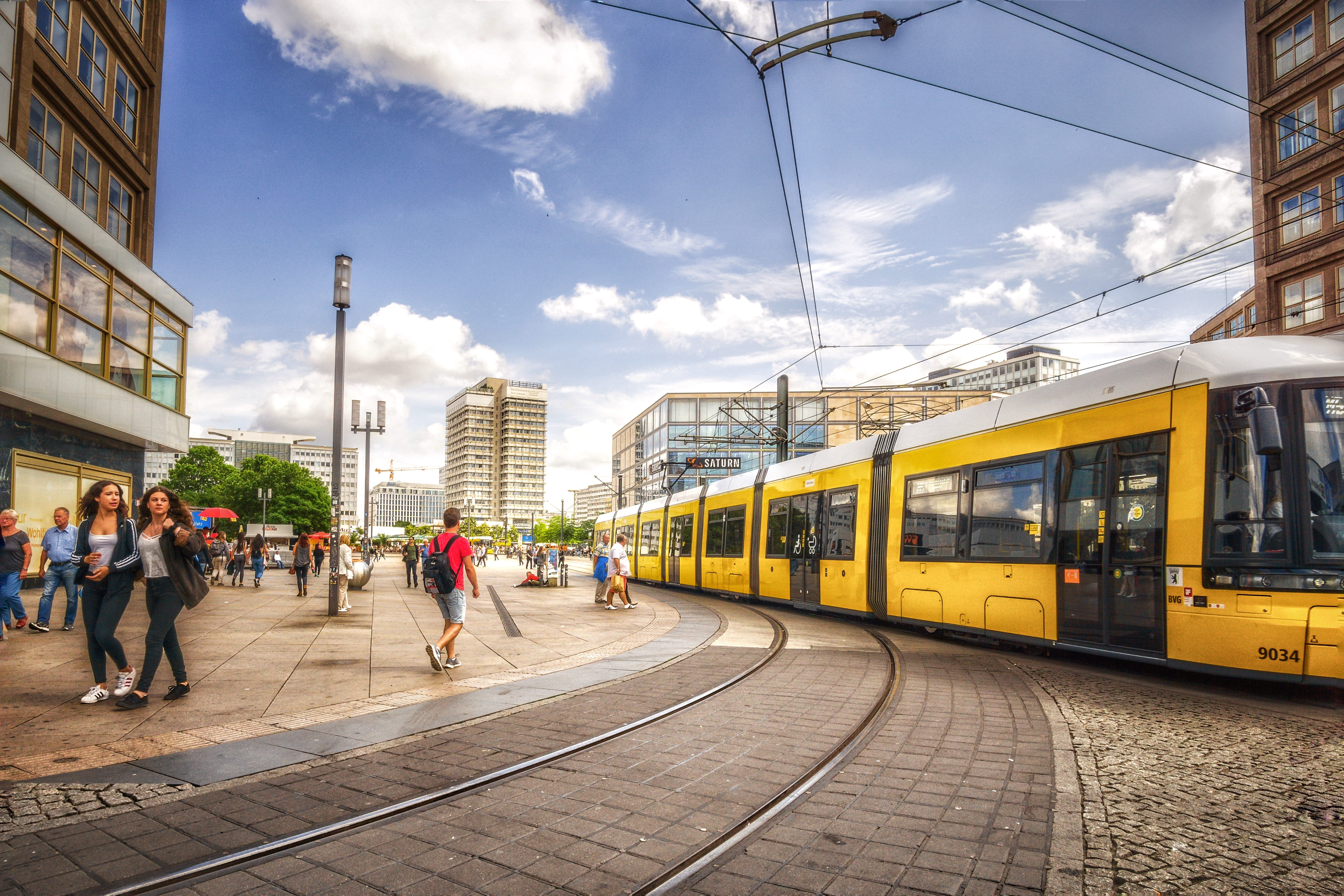 people, office building exterior, transport, sky, transportation, track, building exterior, urban Scene, Tram, berlin, public Transportation, travel Destinations, HD Wallpaper