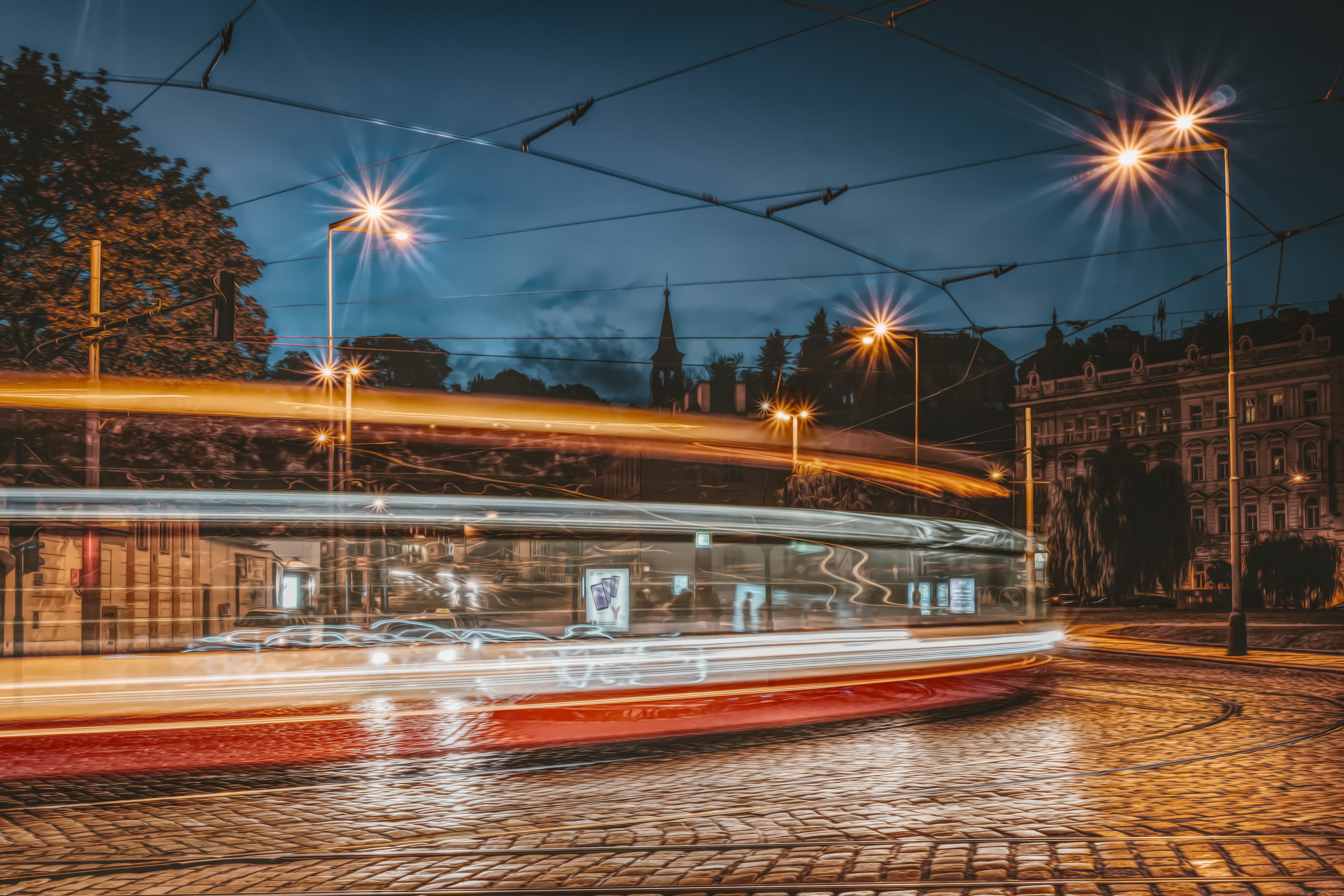 lens flare, stone, travel, at night, no people, street, blurred motion, speed, transport, night, historic center, europe, architecture, sky, building exterior, HD Wallpaper