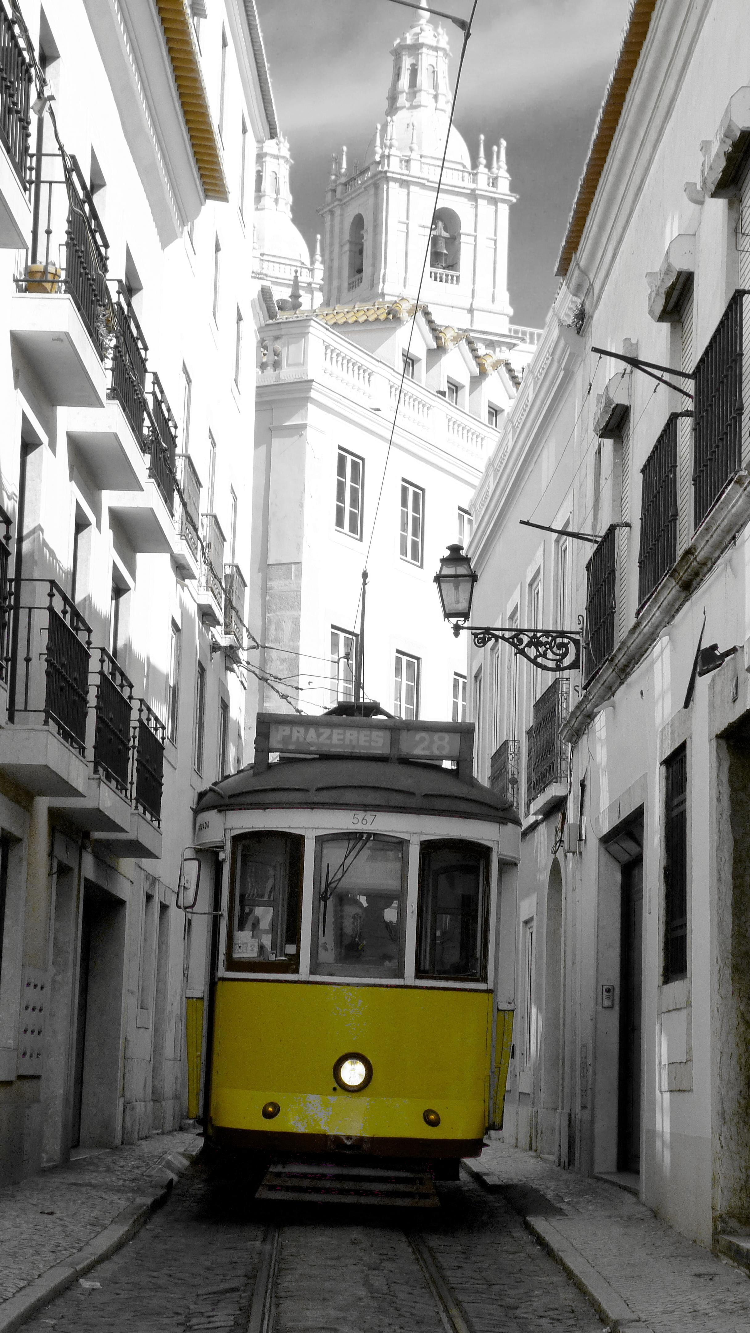 sky, cable car, lisbon, street, old town, yellow, mode of transportation, public transportation, means of transport, architecture, no people, structures, Phone HD Wallpaper