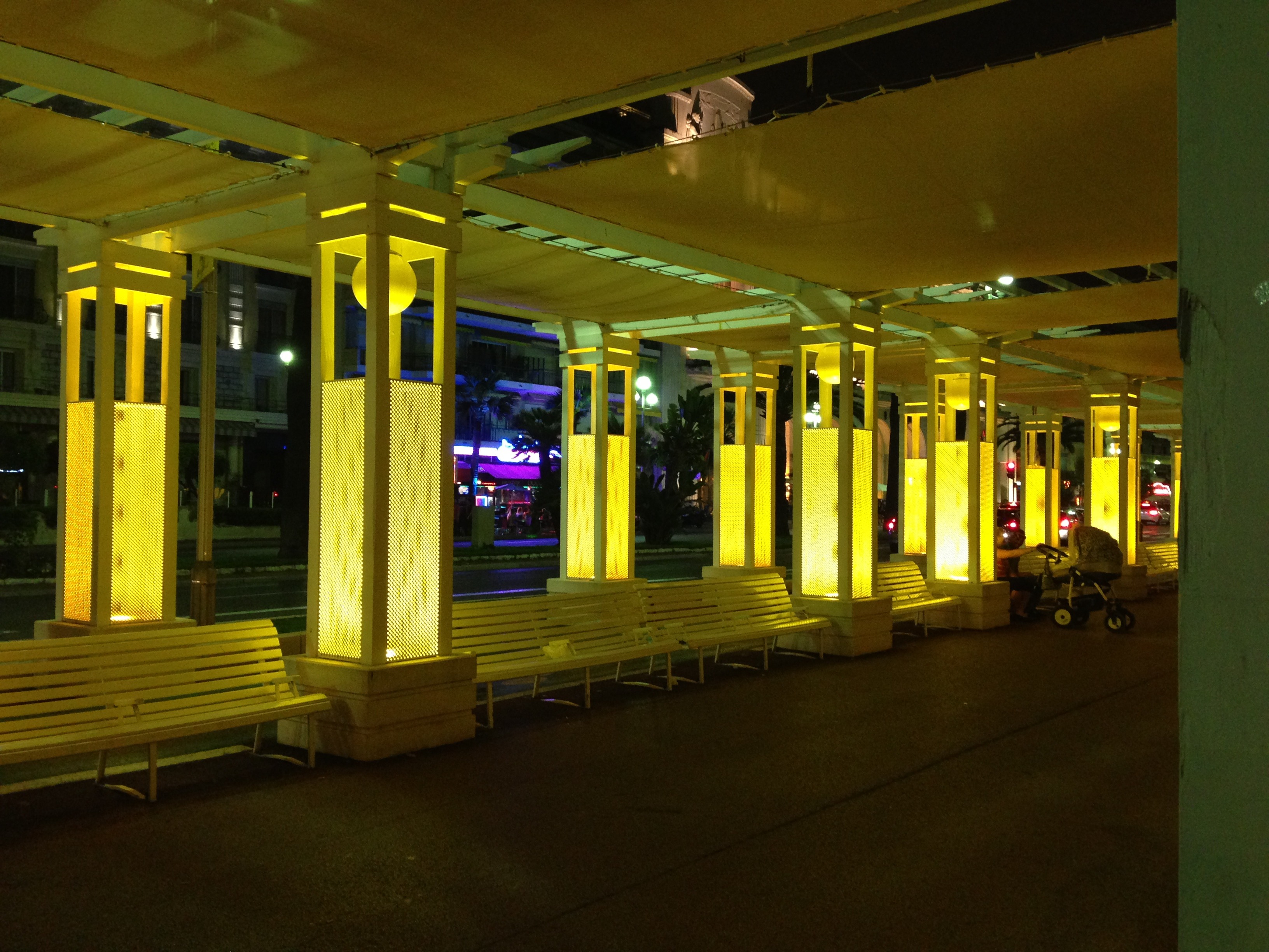 waiting benches, côte d  azur, night, outdoors, building, france, empty, in a row, seat, lighting, rue d  anglais, building exterior, 2K, illuminated, HD Wallpaper