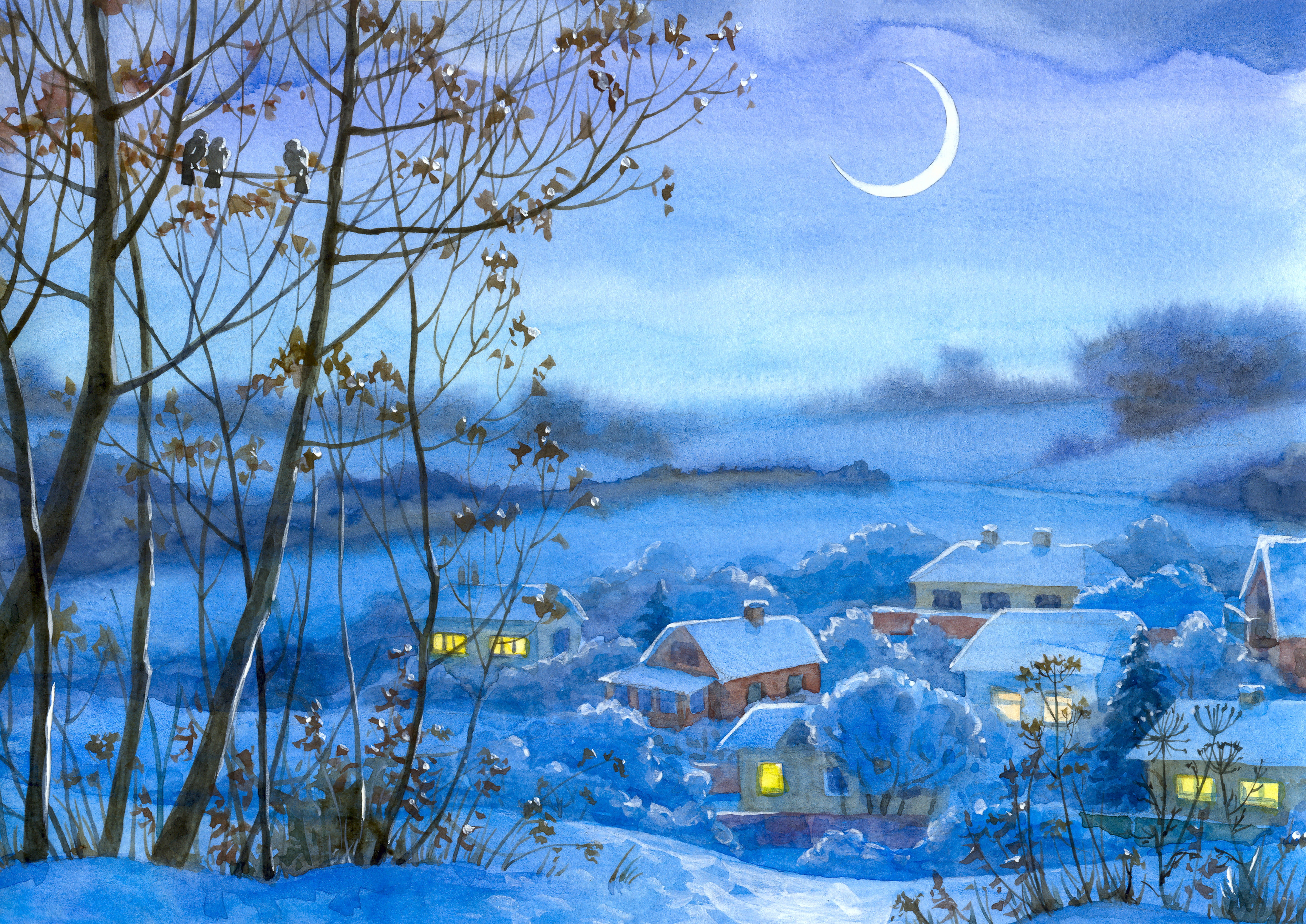 tranquil Scene, day, cold temperature, scenics - nature, rural Scene, wood - Material, forest, nature, christmas, home, beauty In Nature, 5K, moon, village, HD Wallpaper