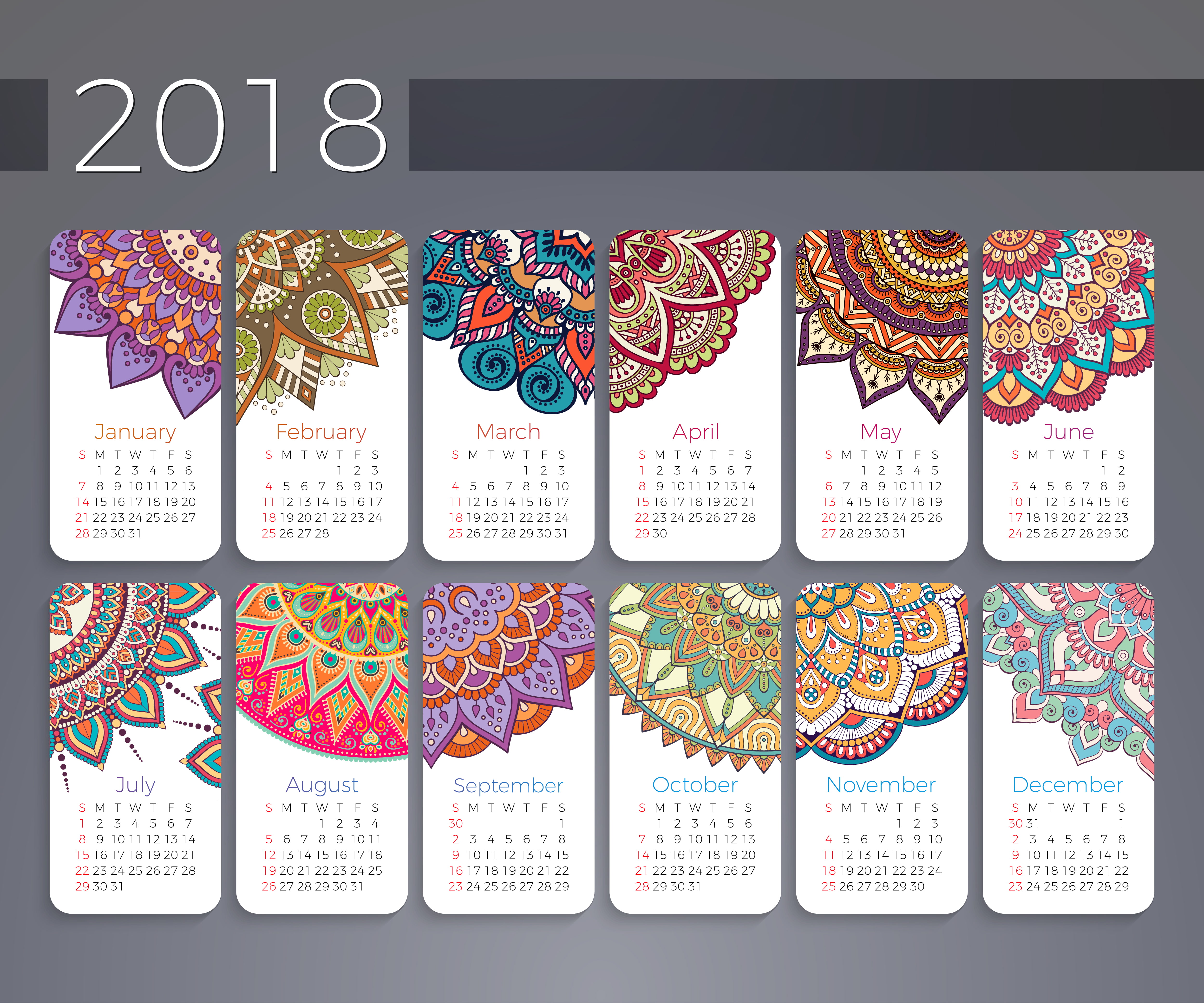 decorated, numbers, simple background, calendar, 2018 (Year), month, mandalas, mandala, abstract, 4K, ornamented, HD Wallpaper