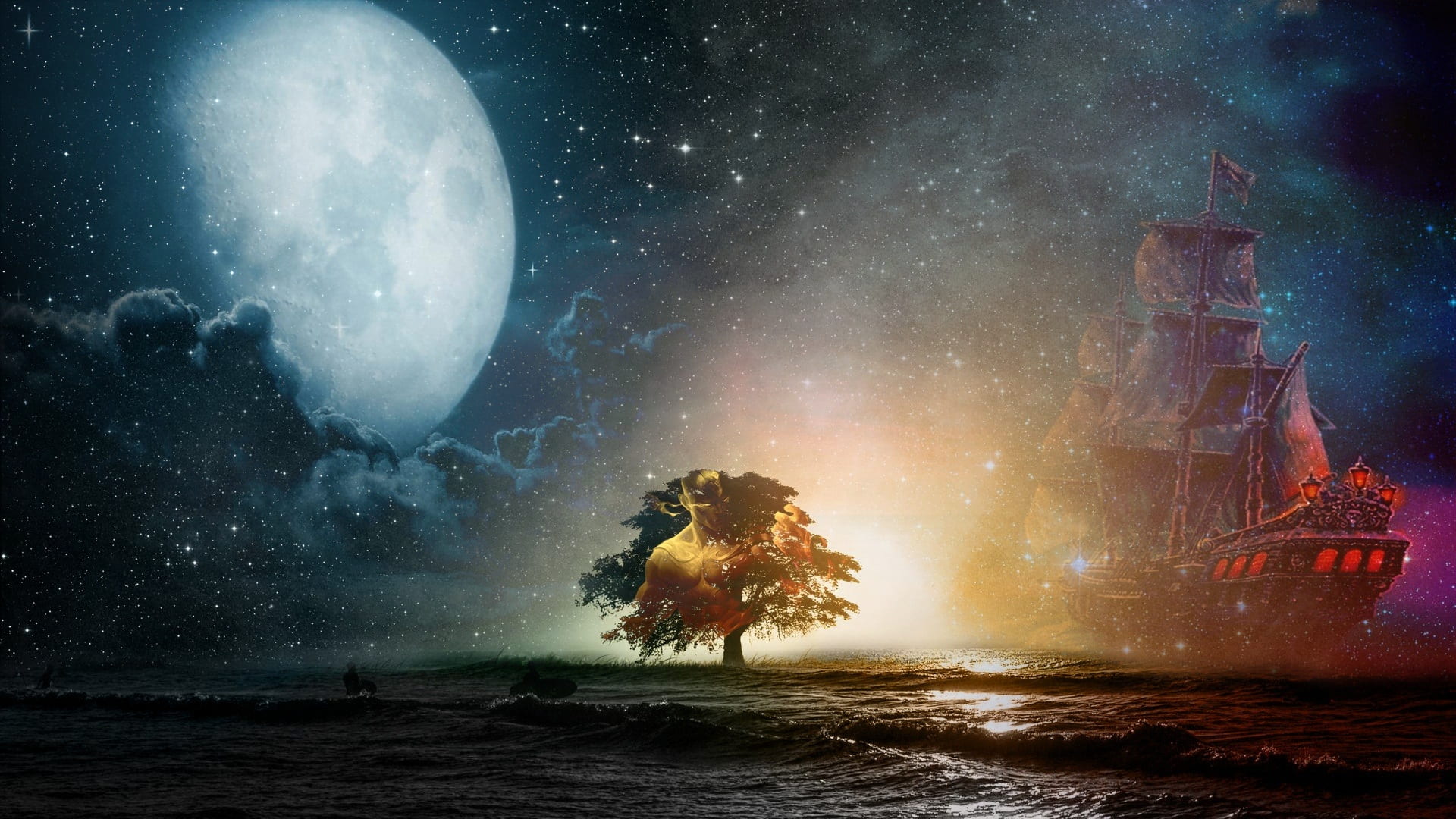 landscape, sea, horizon, port, moon, astronomy, scenics - nature, nature, digital composite, star - space, dark, beauty in nature, near, lee sin, HD Wallpaper